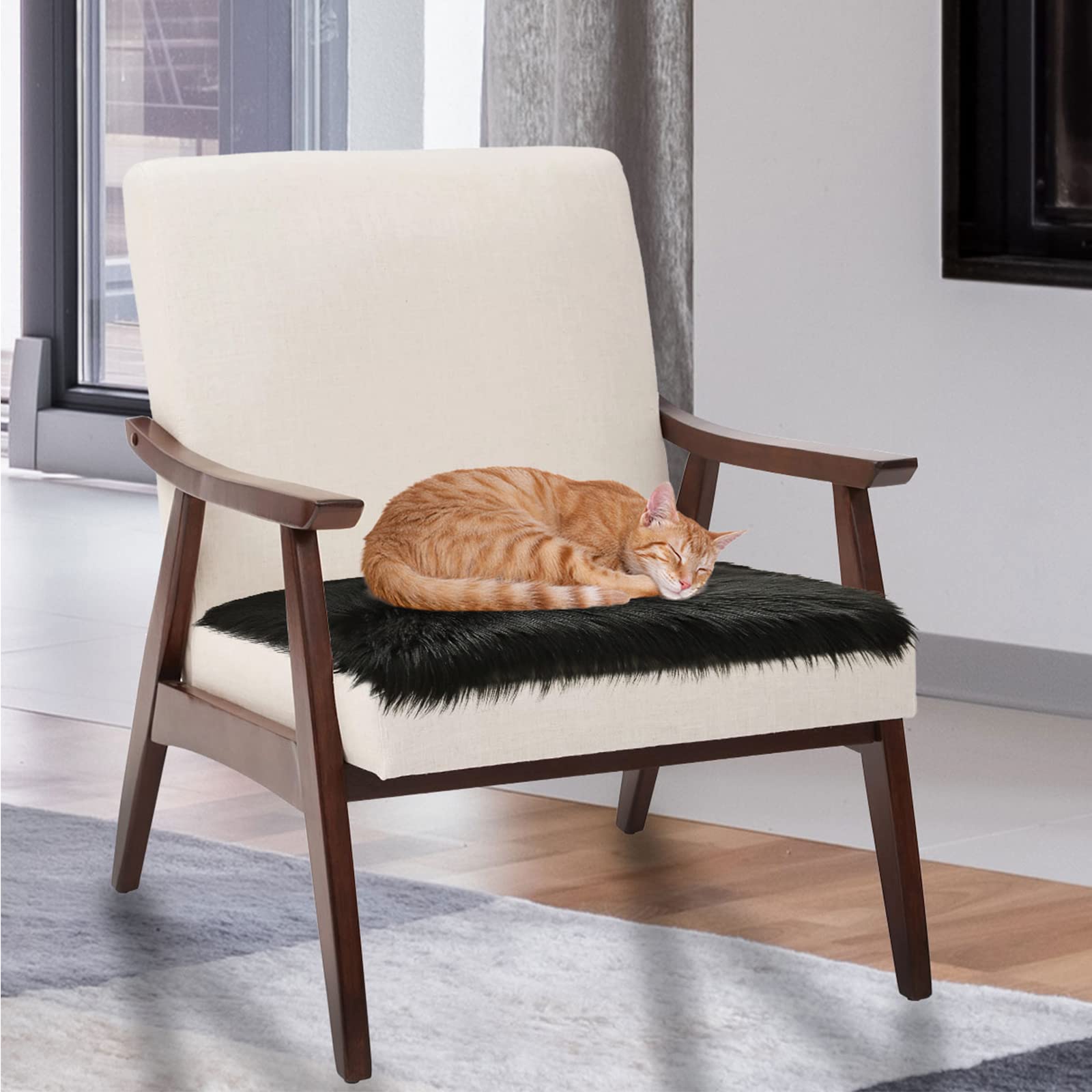 Softlife Black Faux Fur Sheepskin Chair Cover Seats Cushion Pad Super Soft Area Rugs for Living Bedroom Sofa Dorm (1.6ft x 1.6ft)