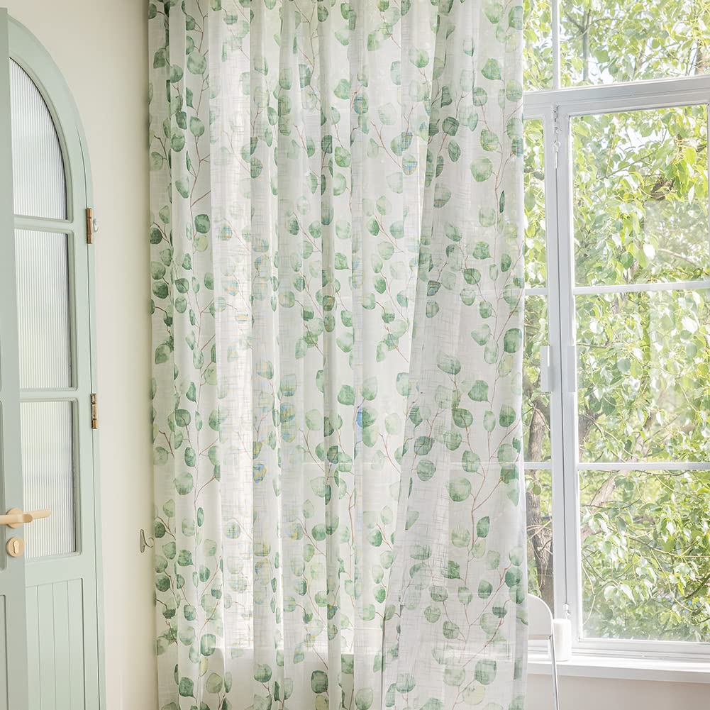 SUOUO Blue Leaf Semi Sheer White Curtains for Bedroom Dining Living Room Linen Textured 84 inches Long Rod Pocket Boho Window Drapes 2 Panels