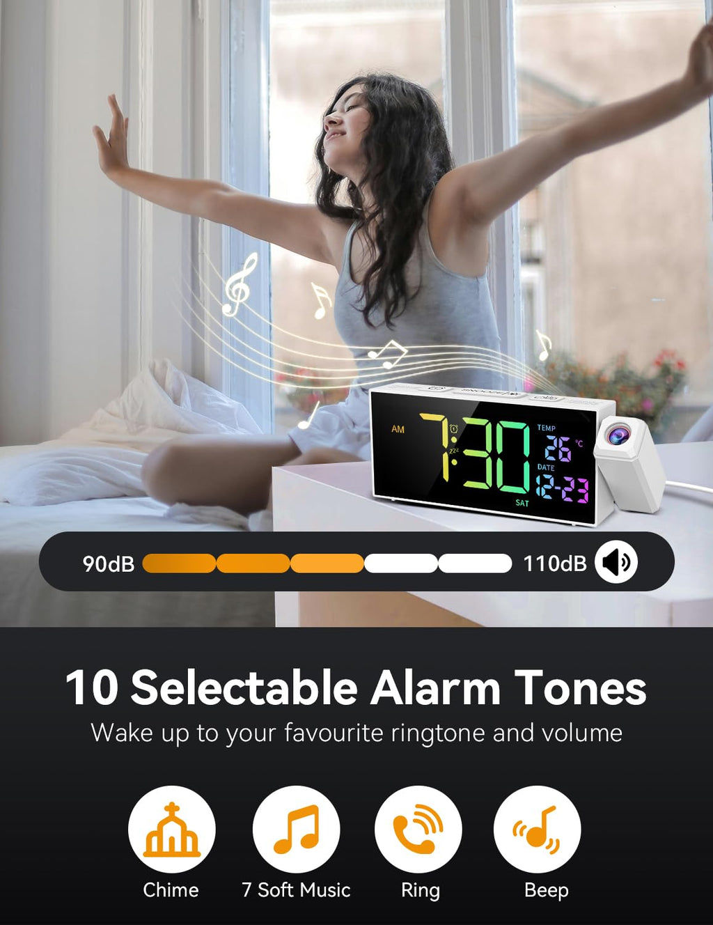 Netzu Projection Clock for Bedroom Ceiling, Alarm Clocks with 180° Rotatable Projector, Date Temperature and Weekday, Manual DST, 5 Brightness, 10 Ringtones, 4 Volumes and Snooze (Black)