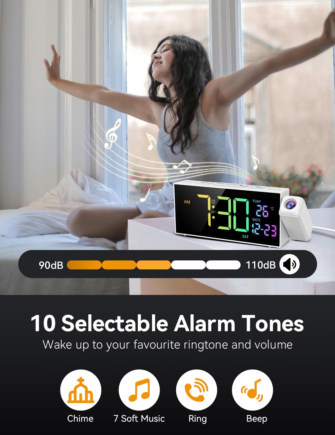 Netzu Projection Clock for Bedroom Ceiling, Alarm Clocks with 180° Rotatable Projector, Date Temperature and Weekday, Manual DST, 5 Brightness, 10 Ringtones, 4 Volumes and Snooze (Black)