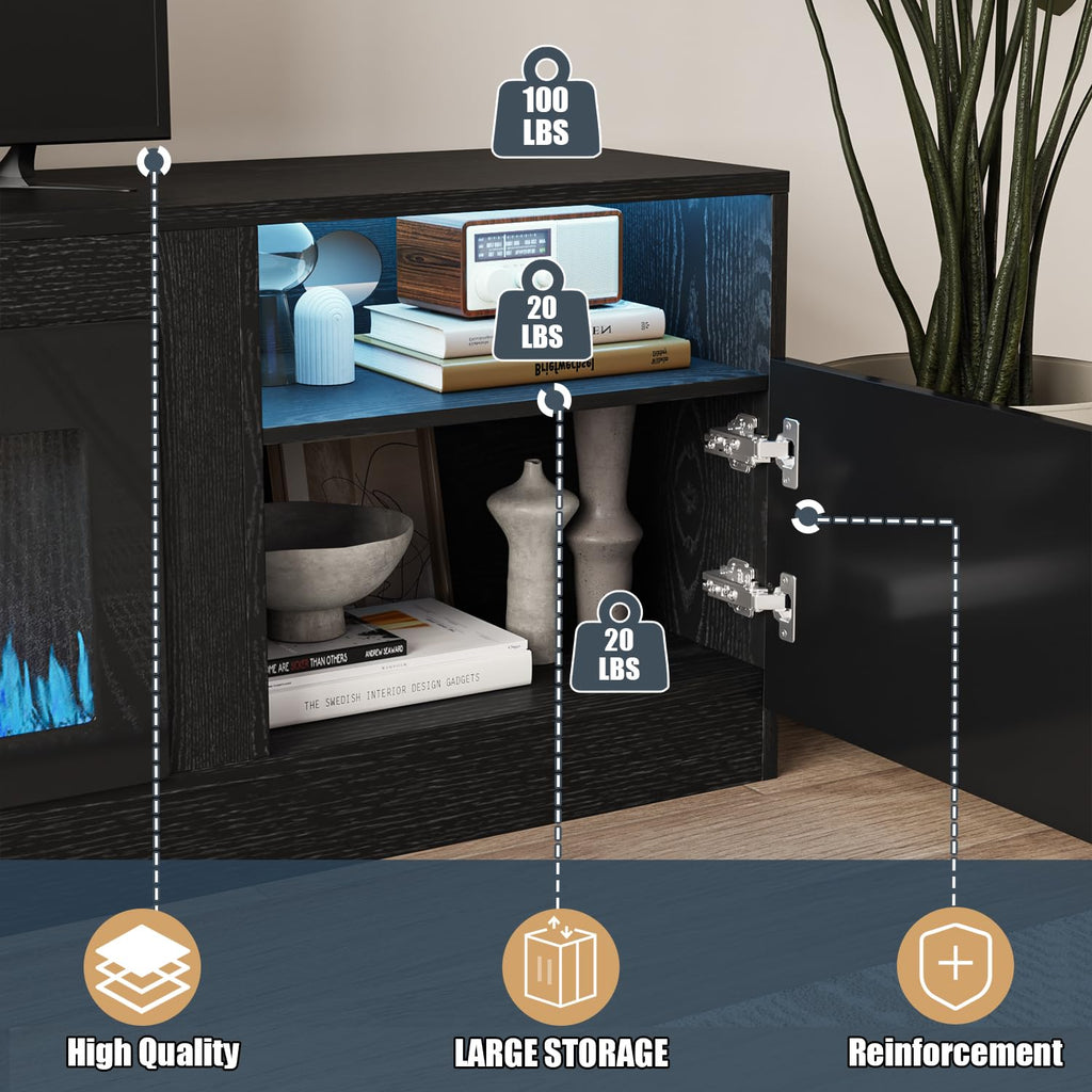 VITESSE 58 Inches Fireplace TV Stand for TVs up to 65 Inches Console with 18'' Electric Fireplace & Remote,Wooden Modern Entertainment Center for Living Room with LED Light Glass Shelves（Bei）