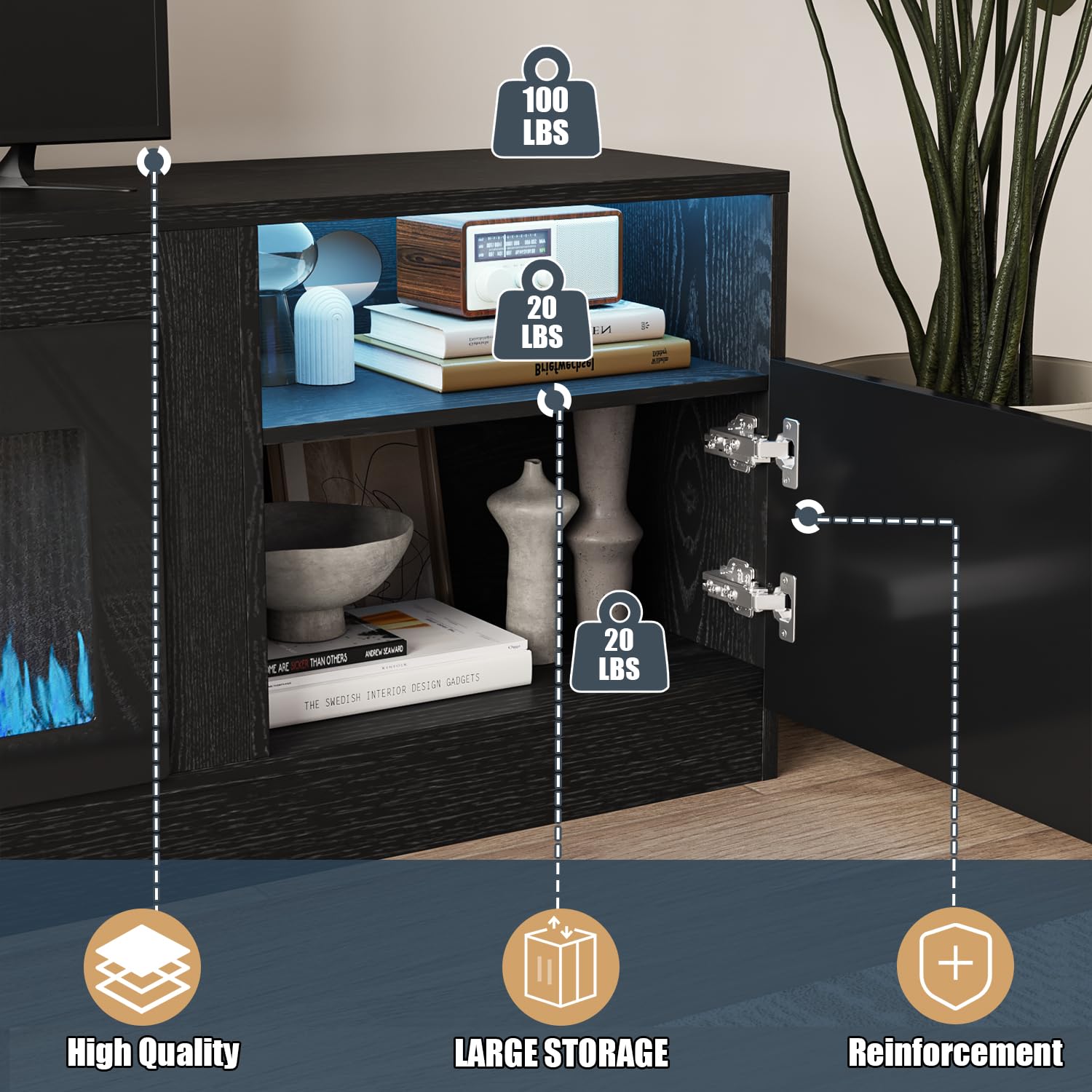 VITESSE 58 Inches Fireplace TV Stand for TVs up to 65 Inches Console with 18'' Electric Fireplace & Remote,Wooden Modern Entertainment Center for Living Room with LED Light Glass Shelves（Bei）