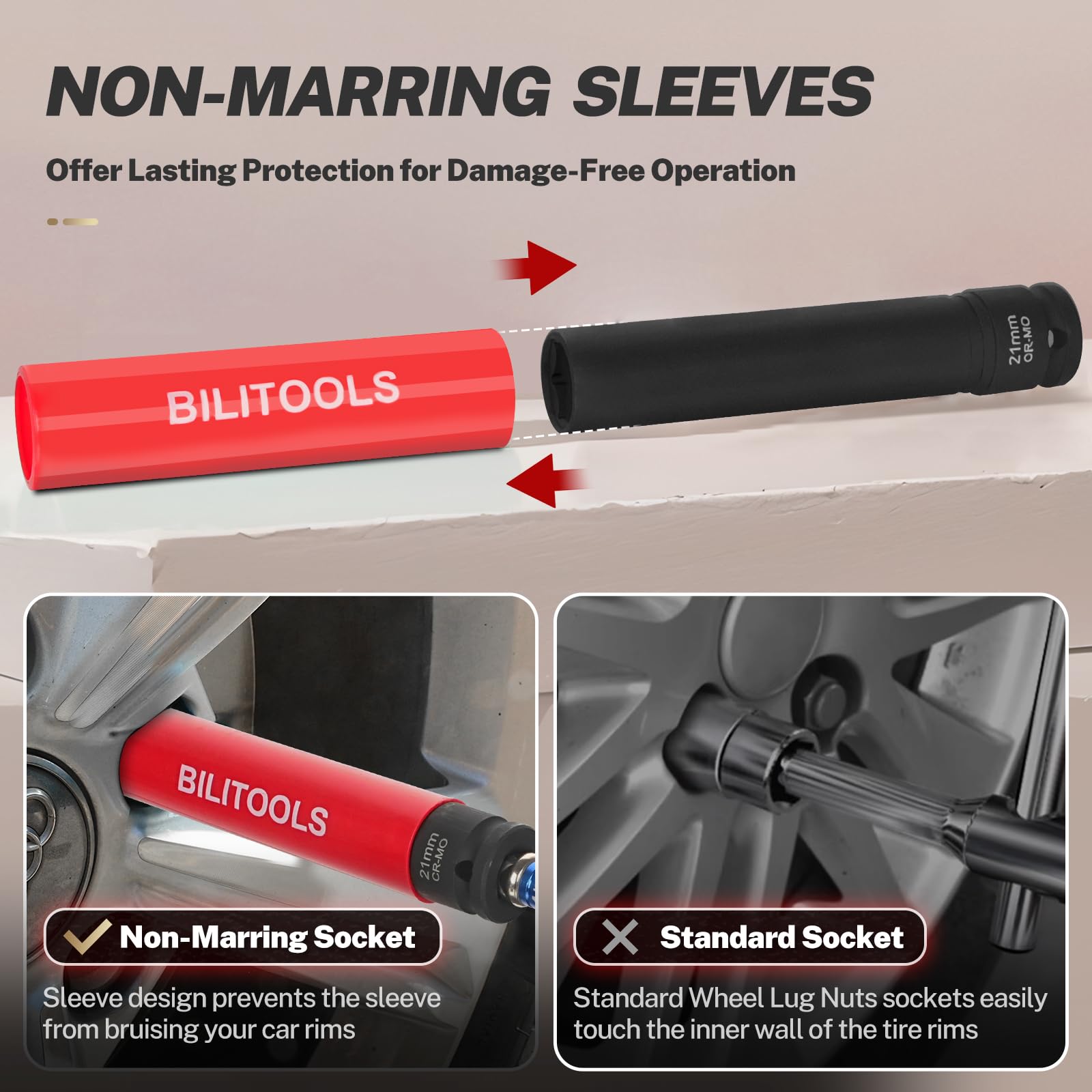 BILITOOLS 1/2 inch Drive Impact Lug Nut Socket Set, 15 17 19 21 22 MM Non-Marring Thin Wall Wheel Protector Nut Socket