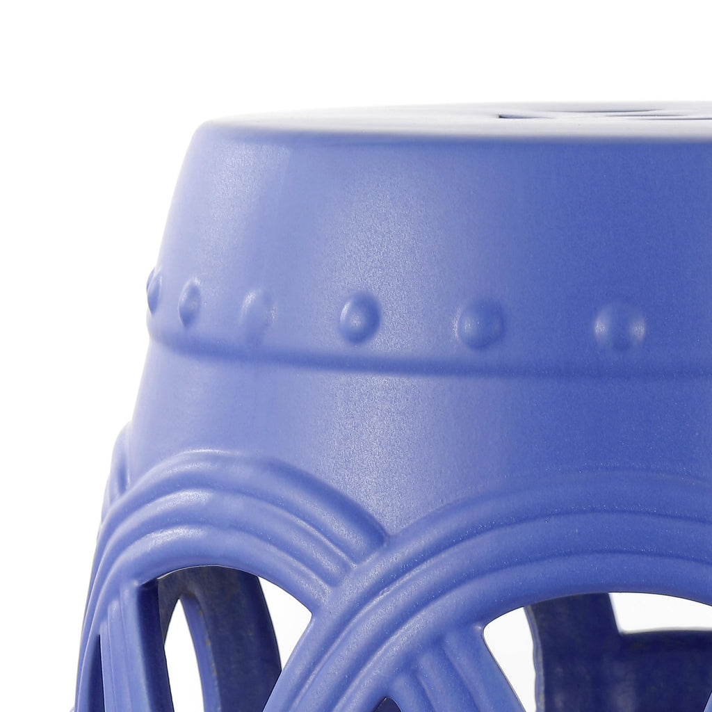 JONATHAN Y Lucky Coins 16" Ceramic Garden Stool, Contemporary Blue/White Cutout Interlocking Rings Drum Indoor/Outdoor Side Table and Plant Stand for Patio, Garden, Living Room TBL1027A