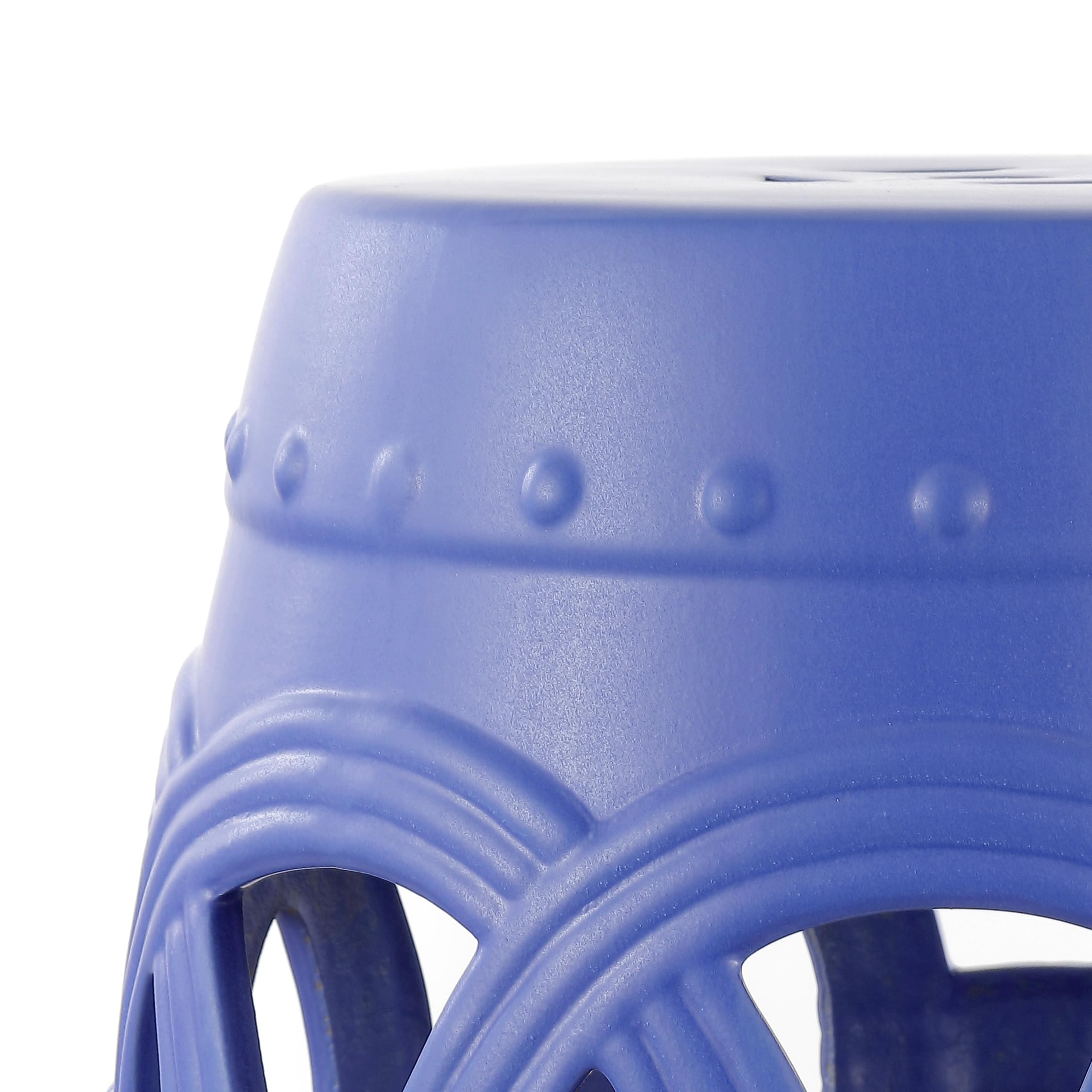 JONATHAN Y Lucky Coins 16" Ceramic Garden Stool, Contemporary Blue/White Cutout Interlocking Rings Drum Indoor/Outdoor Side Table and Plant Stand for Patio, Garden, Living Room TBL1027A