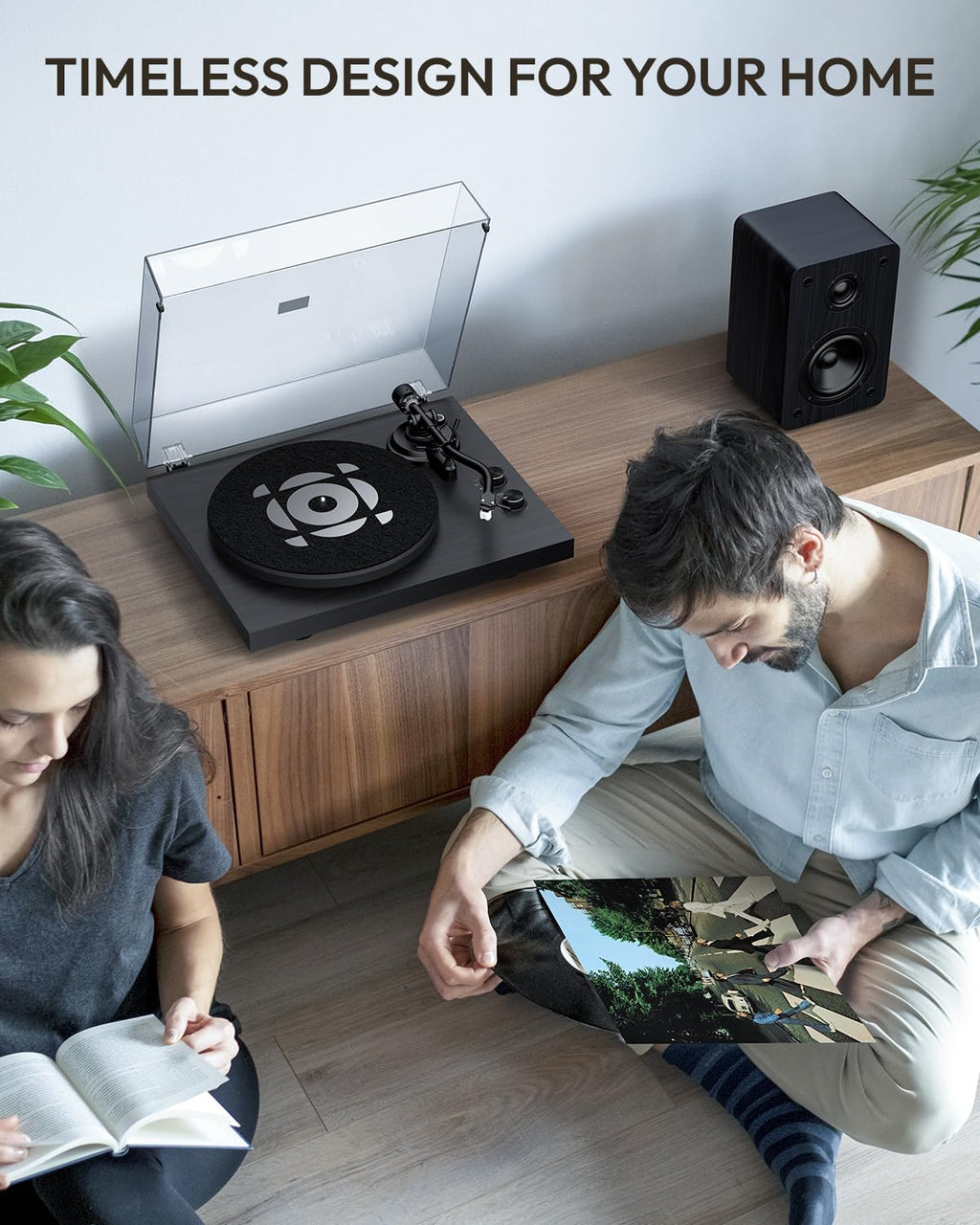 QLEARSOUL SoulBox S1 Vinyl Record Player with Stereo Speakers, Turntable with Built-in Preamp, S-Shaped Tonearm, 33/45 RPM - Black