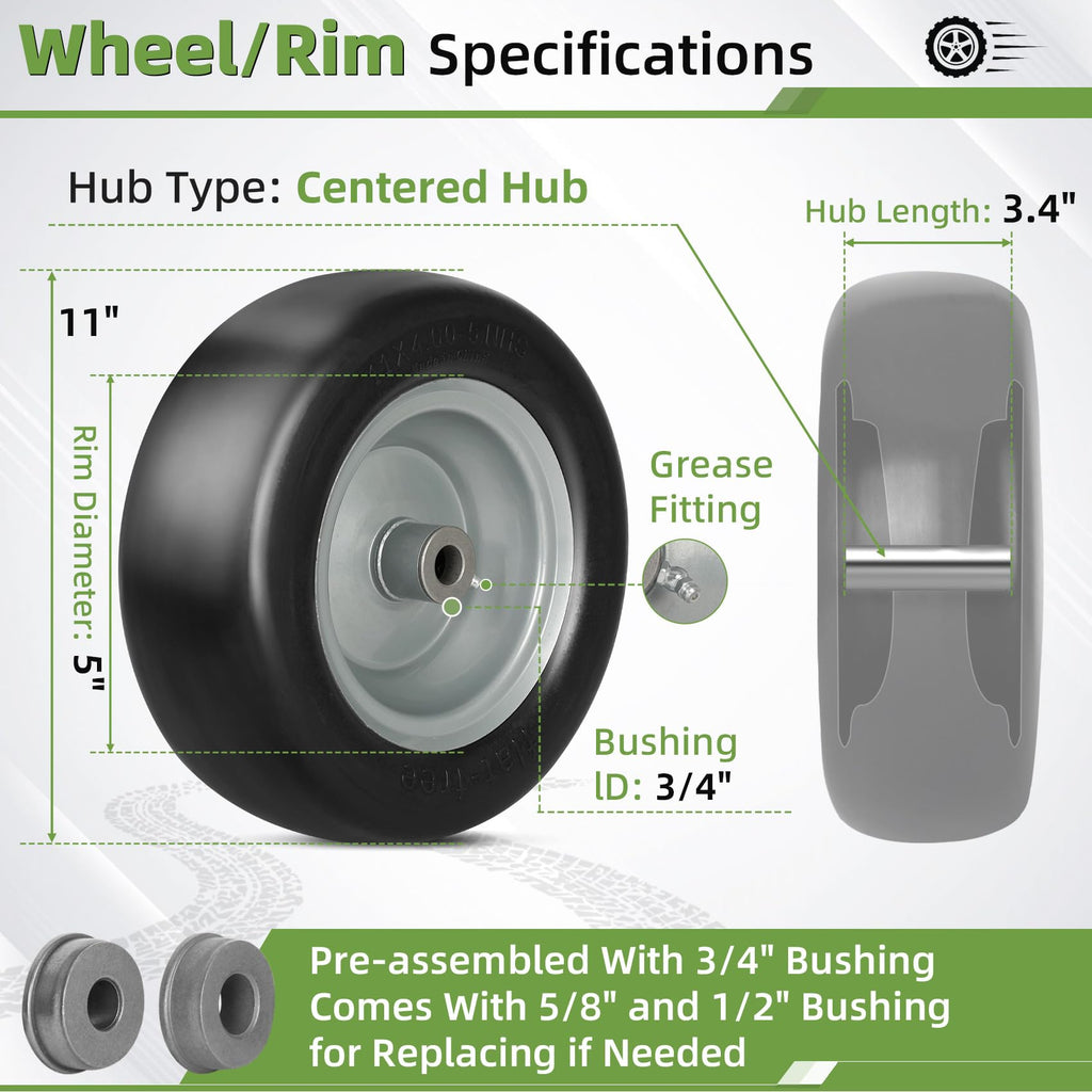 2 PCS 11x4.00-5" Lawn Mower Tires Flat Free,3/4" 5/8" 1/2" Bushing,3.4"-4"-4.5"-5" Centered Hub,Universal Fit Smooth Tread Tire for Zero Turn Lawn Mowers, with Universal Adapter Kit(Blcak Rim)
