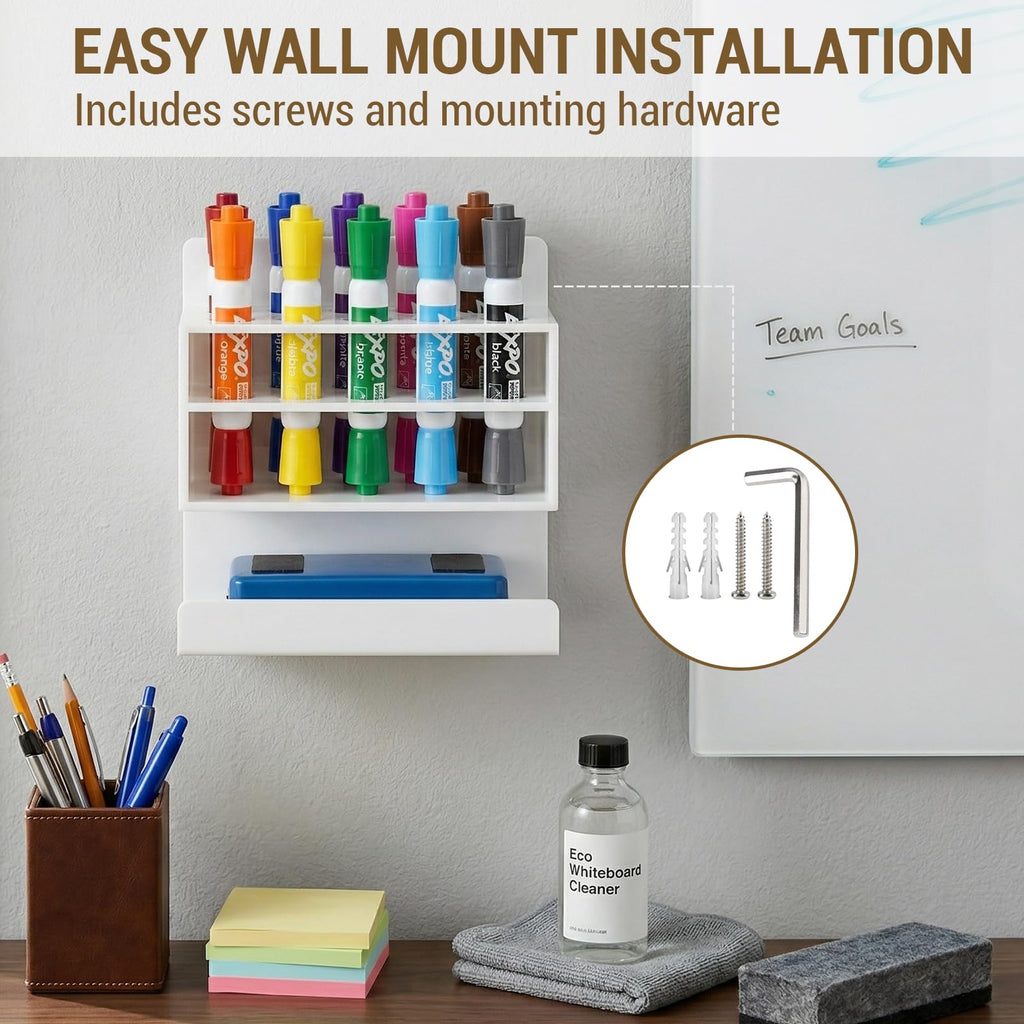 MyGift Dry Erase Marker Holder 10 Slots Whiteboard Marker Holder for Wall Dry Erase Eraser Holder Wall Mount Black
