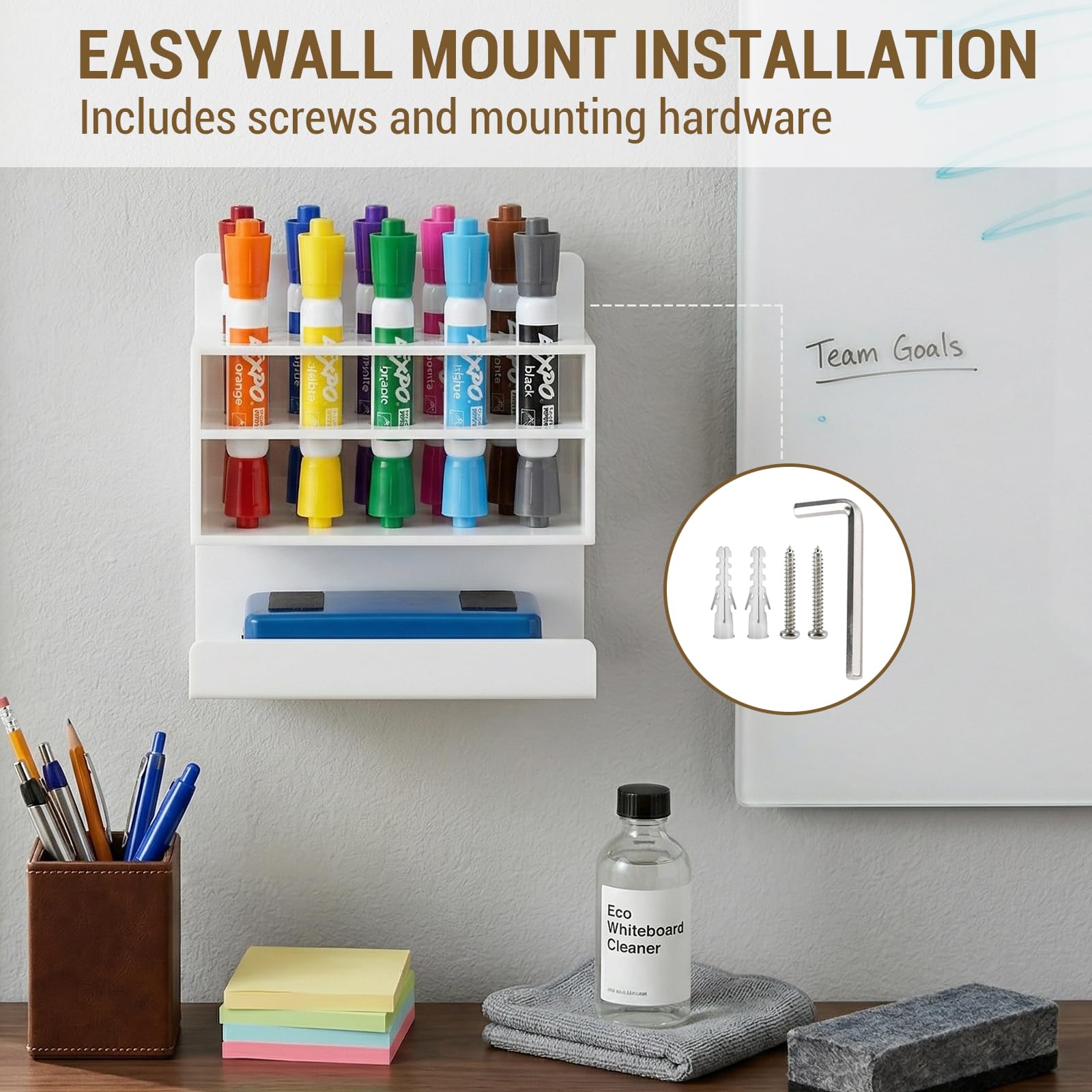 MyGift Dry Erase Marker Holder 10 Slots Whiteboard Marker Holder for Wall Dry Erase Eraser Holder Wall Mount Black