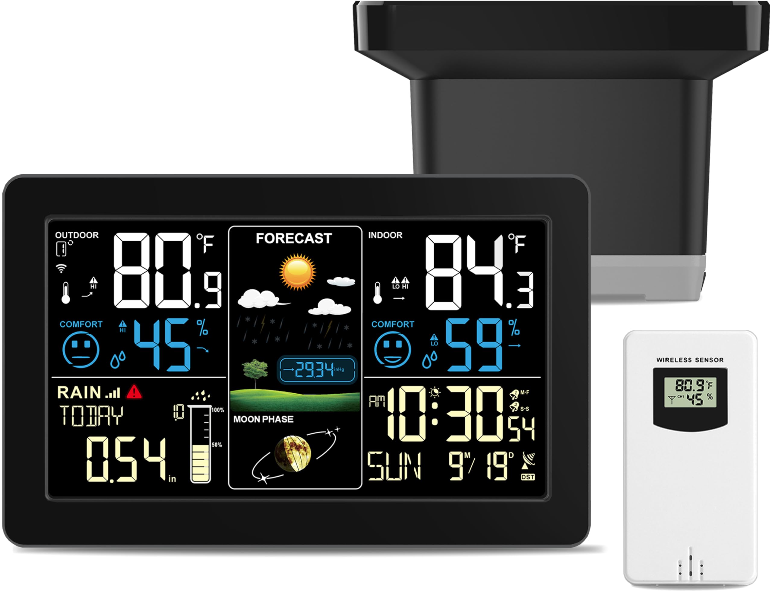 Weather Station with Rain Gauge Outdoor, Home Weather Stations Wireless Indoor Outdoor with Digital Rain Gauges, Thermometer, Barometer, Hygrometer, Atomic Clock, Weather Forecast, with 3 Sensor