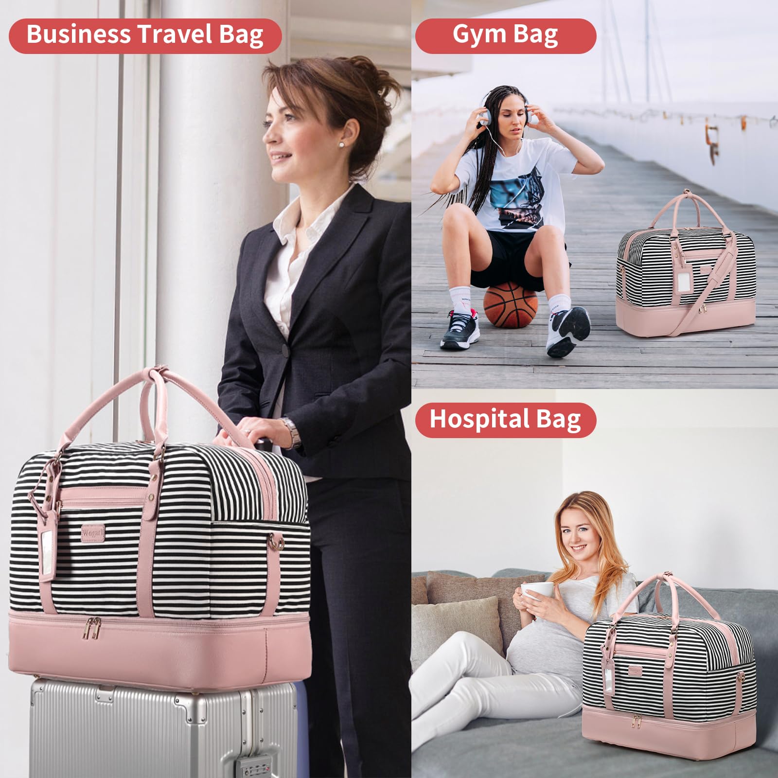 Wogarl 4PCS Weekender Bags for Women Large Overnight Weekend Travel Duffel Carry on Shoulder with Shoe Compartment Canvas Toiletry Bag for Travel Business Gym
