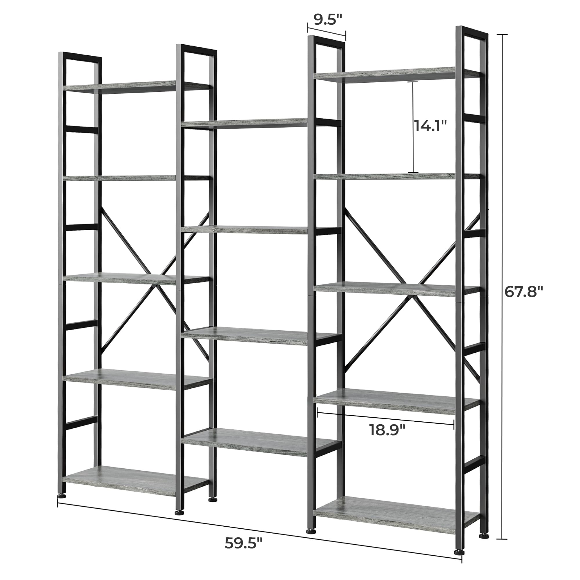 SUPERJARE Triple Bookshelf, Bookcase with 11 Open Display Shelves, Wide Book Shelf Book Case for Home & Office, 4 Tier, Black