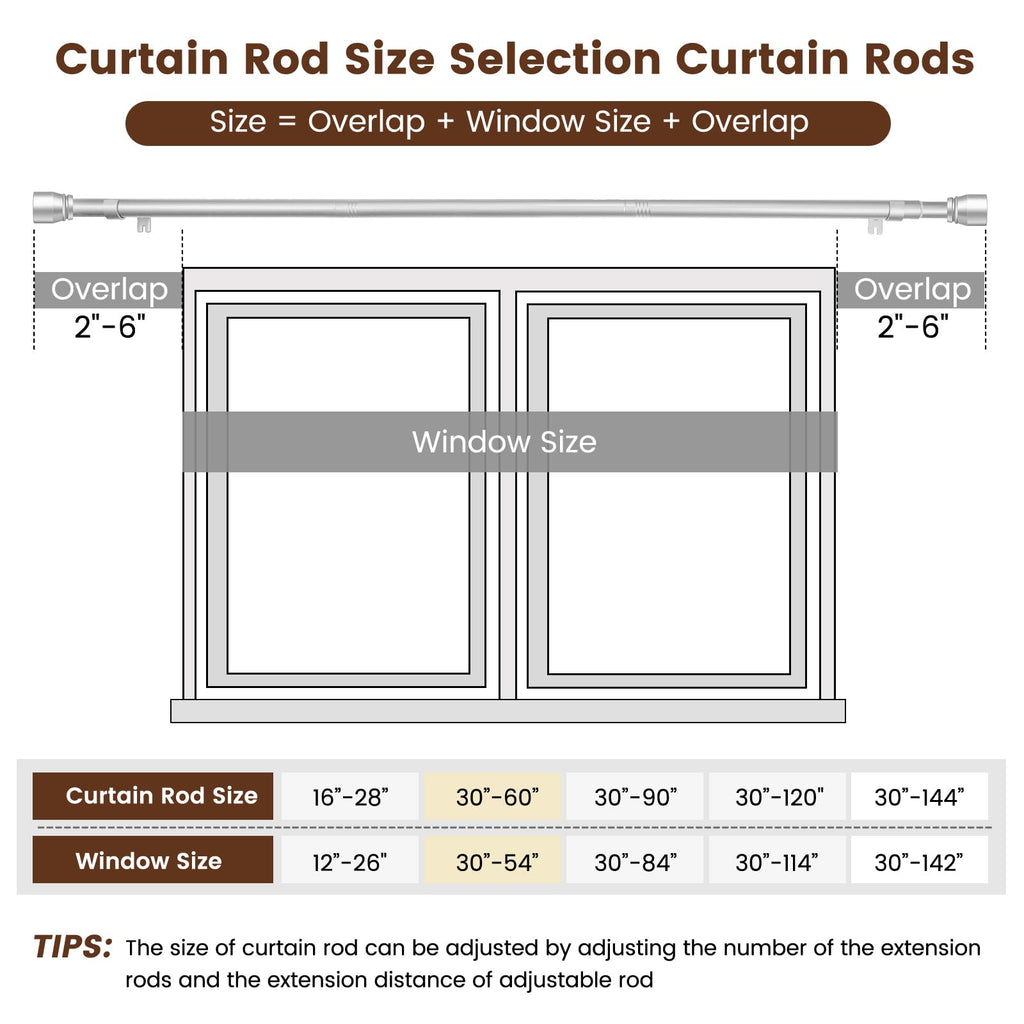 1” Diameter brown curtain rod Itself is 30 to 60 inch. 1 Pack Fits 30-54 inch Windows with Heavy Duty Adjustable brown curtain rods Splicing Metal Extra Long Curtain Rod