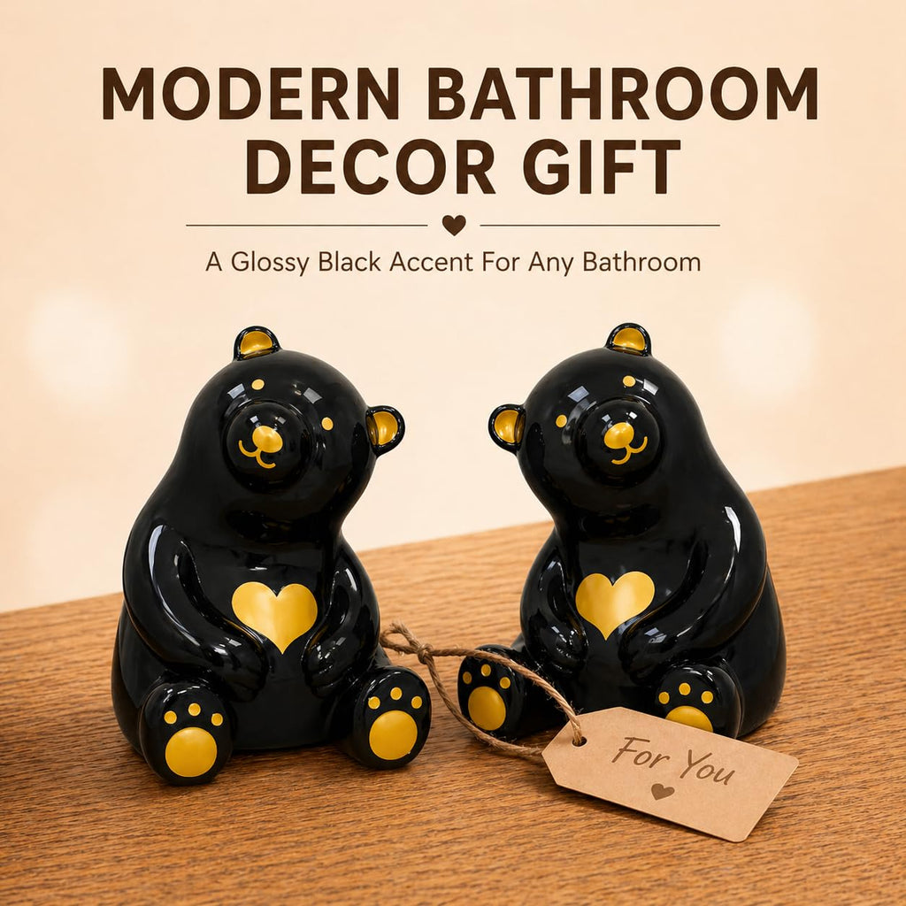MENNTY Black Polar Bear Toilet Bolt Covers Decorative - 2 Glossy Black Ceramic Toilet Bolt Caps + 4 Universal Toilet Caps for Bottom of Toilet, Modern Monochrome Bathroom Decor