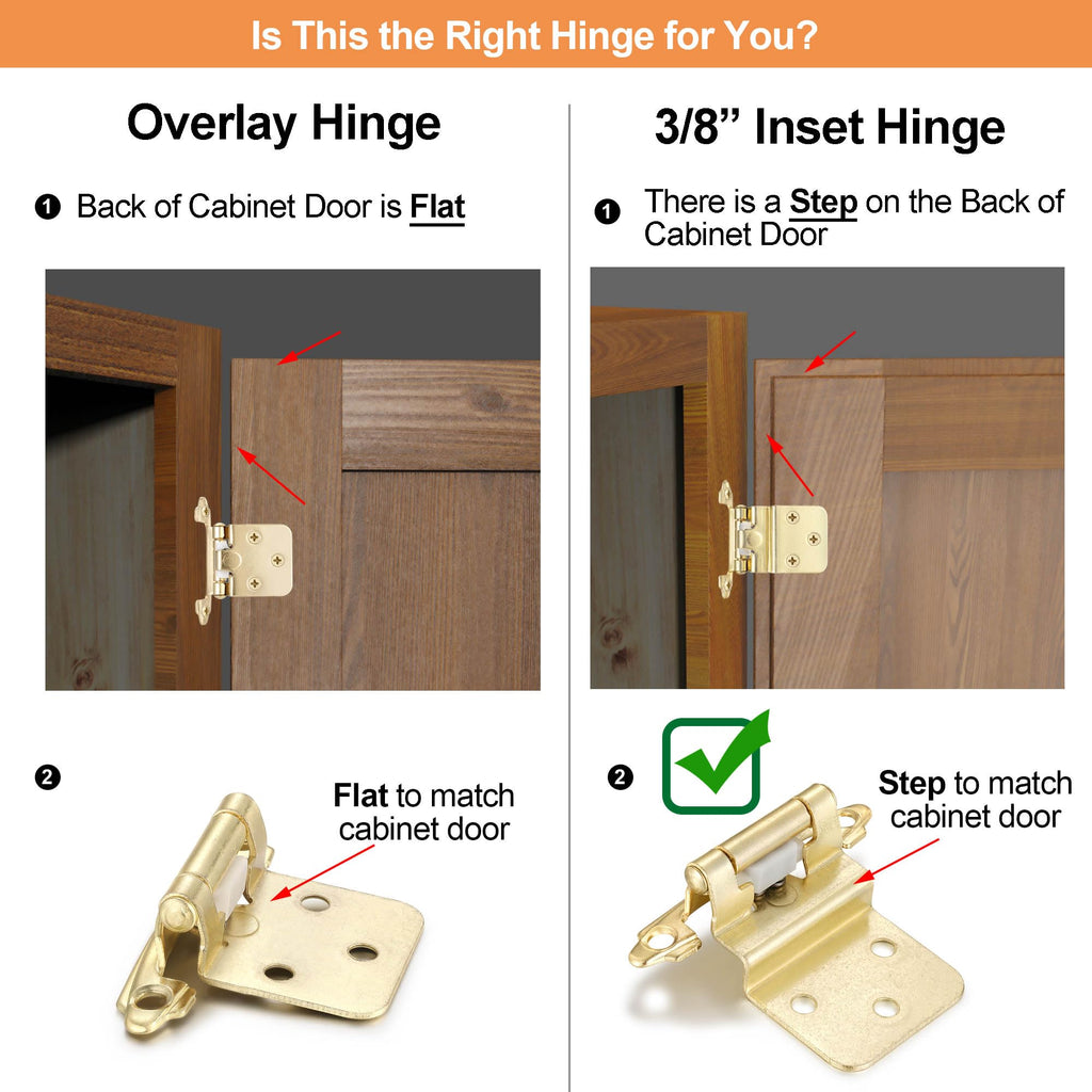 4 Pack (2 Pairs) Antique Brass Self Closing Cabinet Hinges for Kitchen Cabinet Door, 1/2" Overlay (Variable) Semi Concealed Kitchen Cabinet Hinges