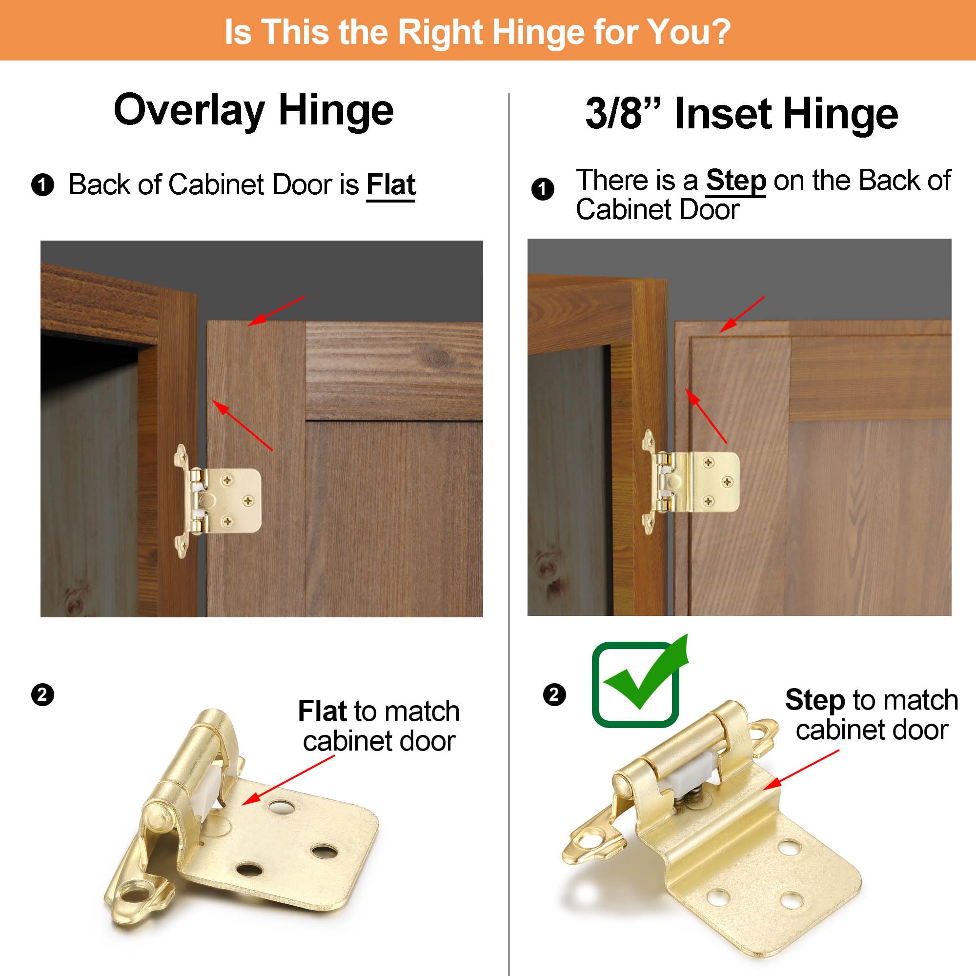 4 Pack (2 Pairs) Antique Brass Self Closing Cabinet Hinges for Kitchen Cabinet Door, 1/2" Overlay (Variable) Semi Concealed Kitchen Cabinet Hinges