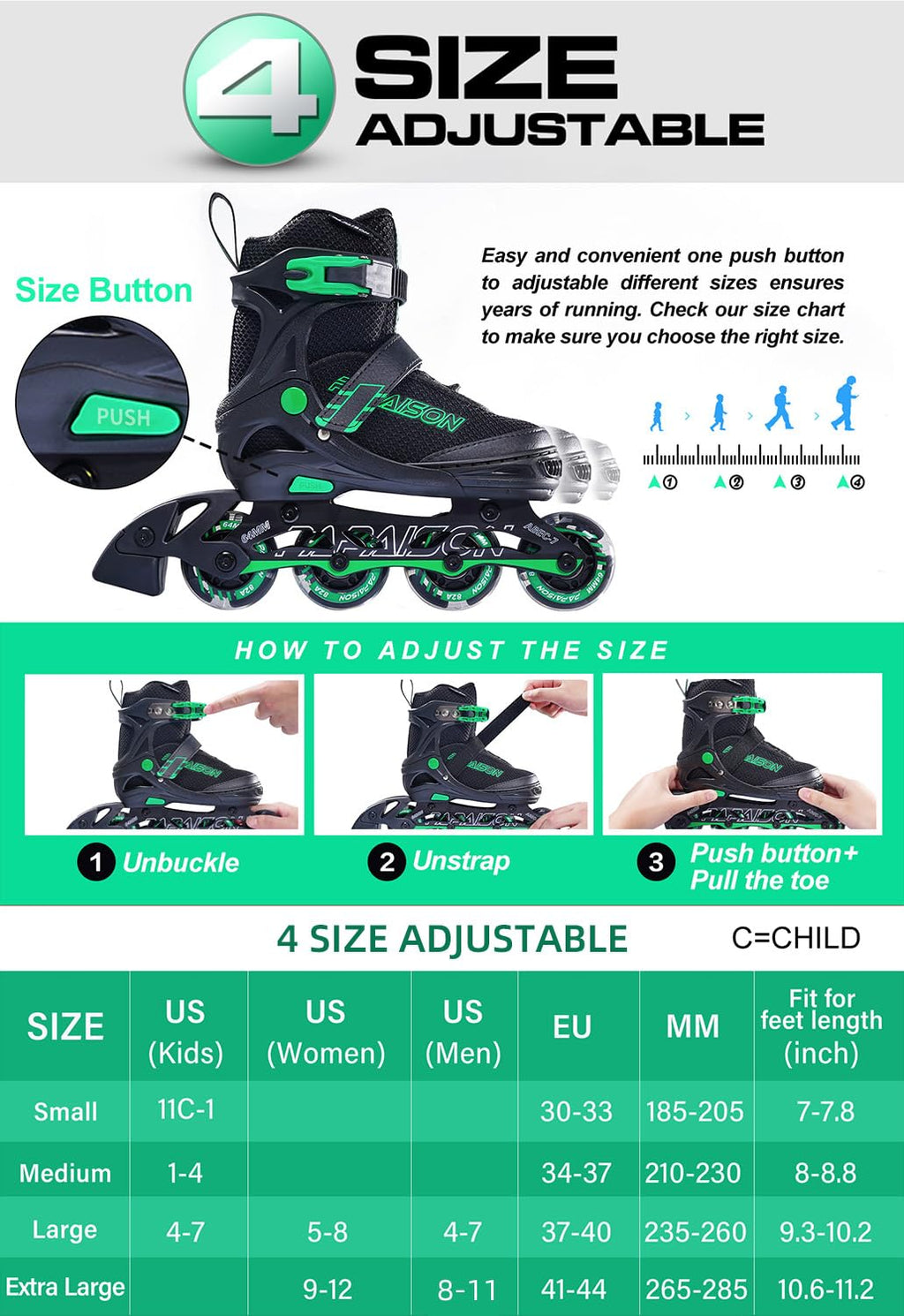 PAPAISON Adjustable Inline Skates for Kids and Adults with Full Light Up Wheels, Outdoor Roller Skates for Girls and Boys, Men and Women