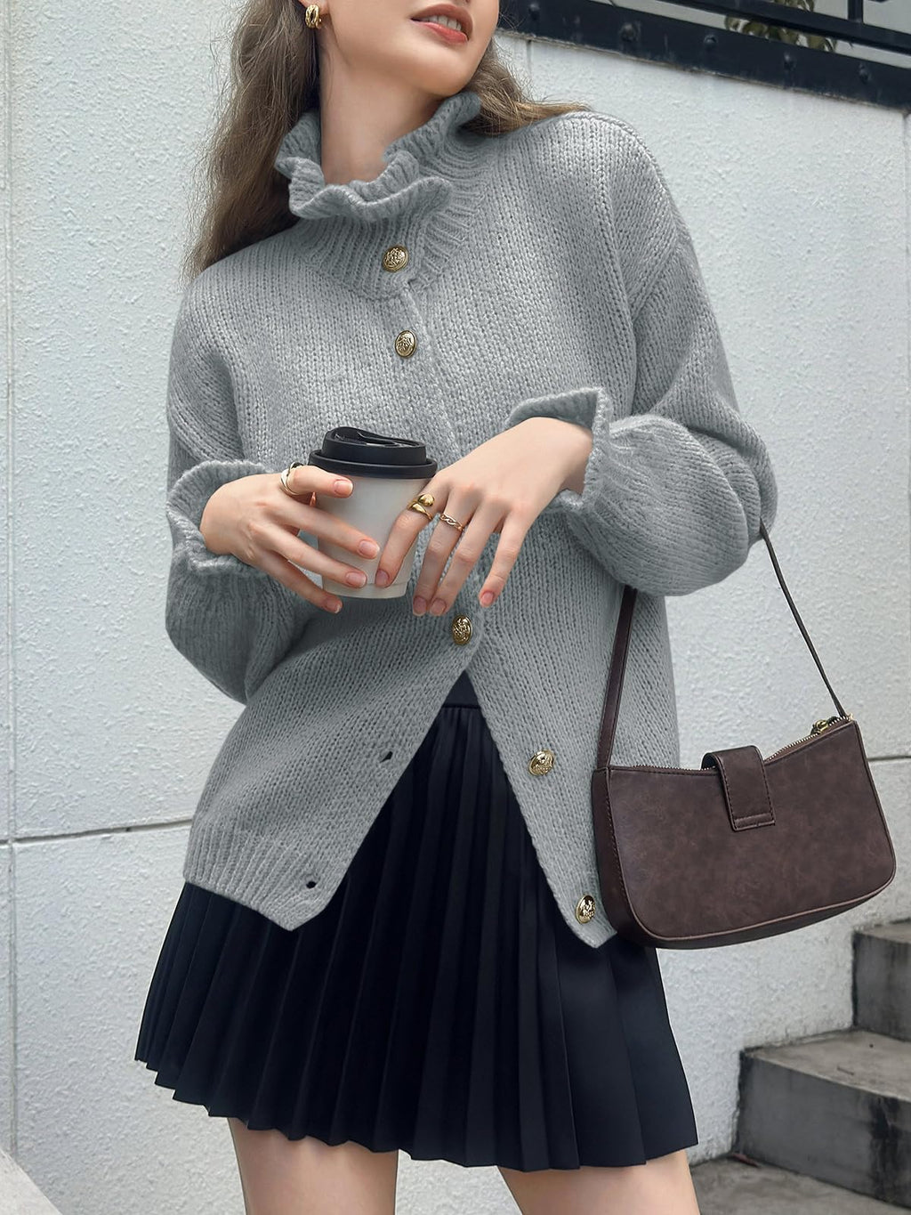 Saodimallsu Womens Ruffle Cardigan Oversized Button Up Fall Trendy Ribbed Knit Open Front Long Sleeve Loose Cute Sweater