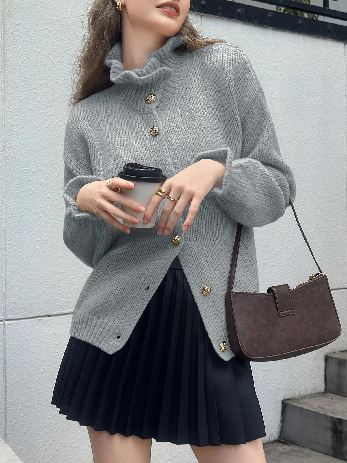 Saodimallsu Womens Ruffle Cardigan Oversized Button Up Fall Trendy Ribbed Knit Open Front Long Sleeve Loose Cute Sweater