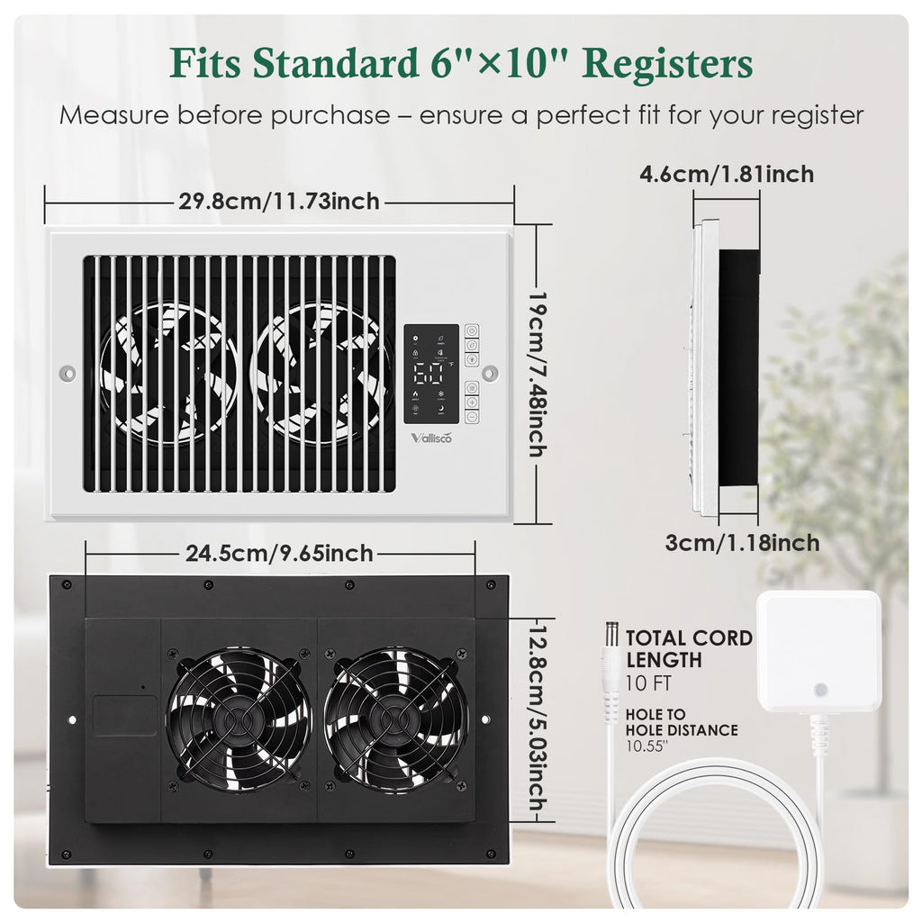 VallisCo Register Booster Fan 6" x 10" with Negative Ion, Manual Airflow Direction Control, Quiet 10-Speed Heating Cooling AC Vent Fan with Remote & Thermostat Control for Wall Floor, Bronze