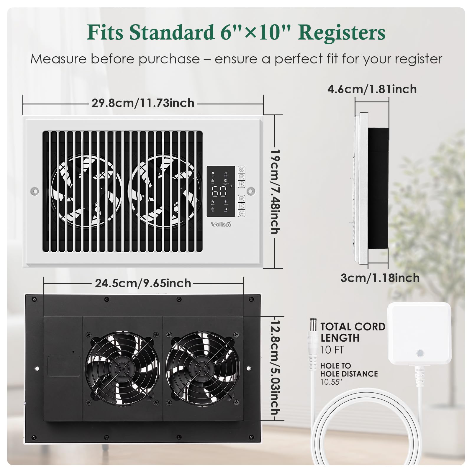 VallisCo Register Booster Fan 6" x 10" with Negative Ion, Manual Airflow Direction Control, Quiet 10-Speed Heating Cooling AC Vent Fan with Remote & Thermostat Control for Wall Floor, Bronze