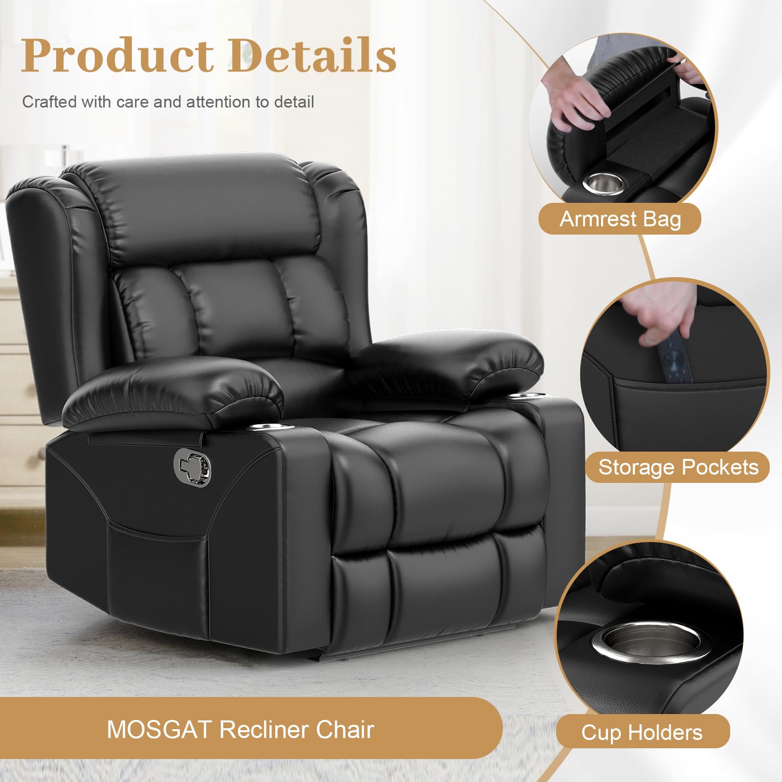 Recliner Chairs for Adults, FSC Certified Massage Reclining Chair with Heated Modern, Ergonomic Lounge Single Reclining Sofa Seat with Cup Holder & Pocket, Living Room Lounge Recliners Black