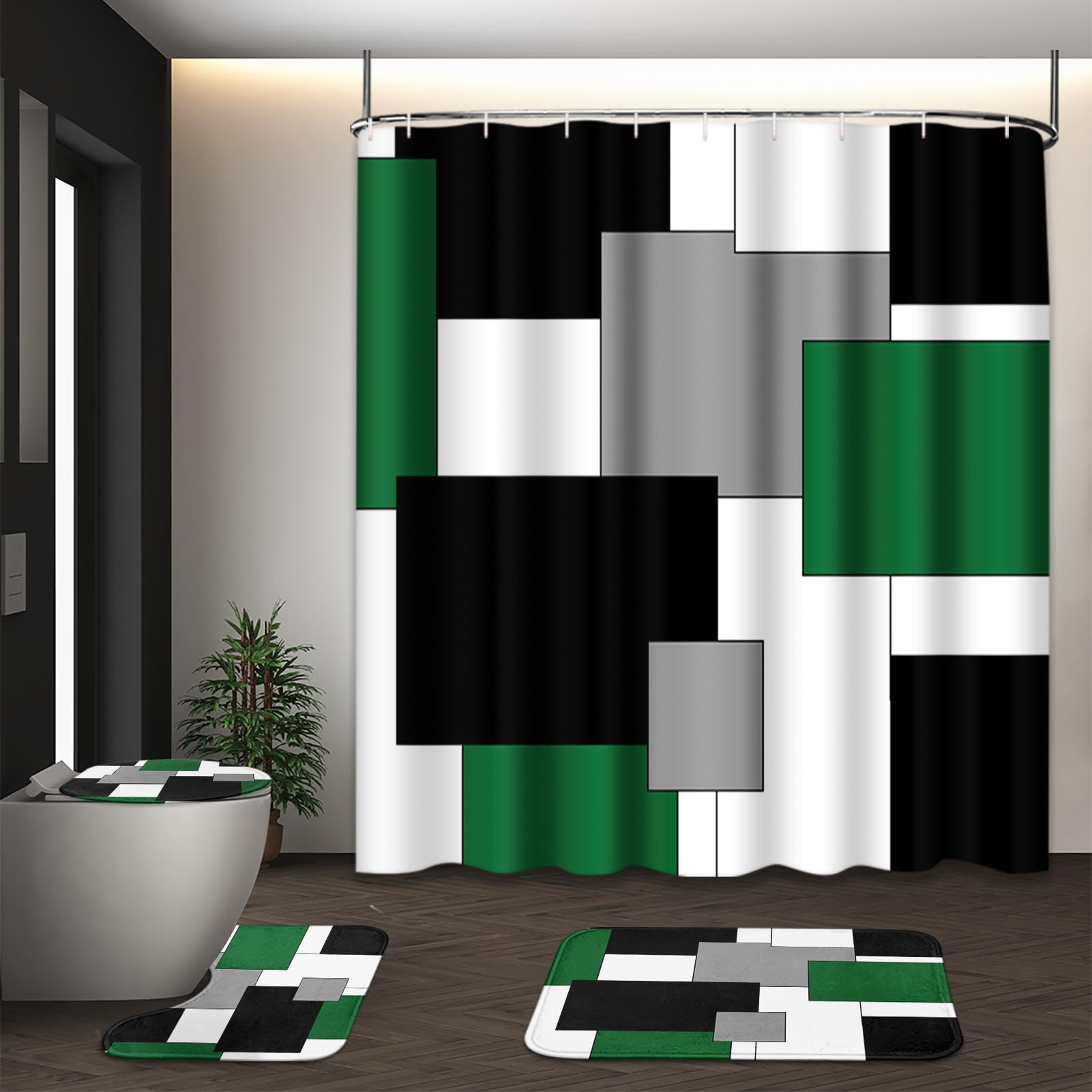 Beige Geometric Shower Curtain Set with Toilet Lid Cover and Non-Slip Rugs for Bathroom, Black Grey White Checkered 4 Pcs Shower Curtain, Modern Abstract Bathroom Set with 12 Hooks