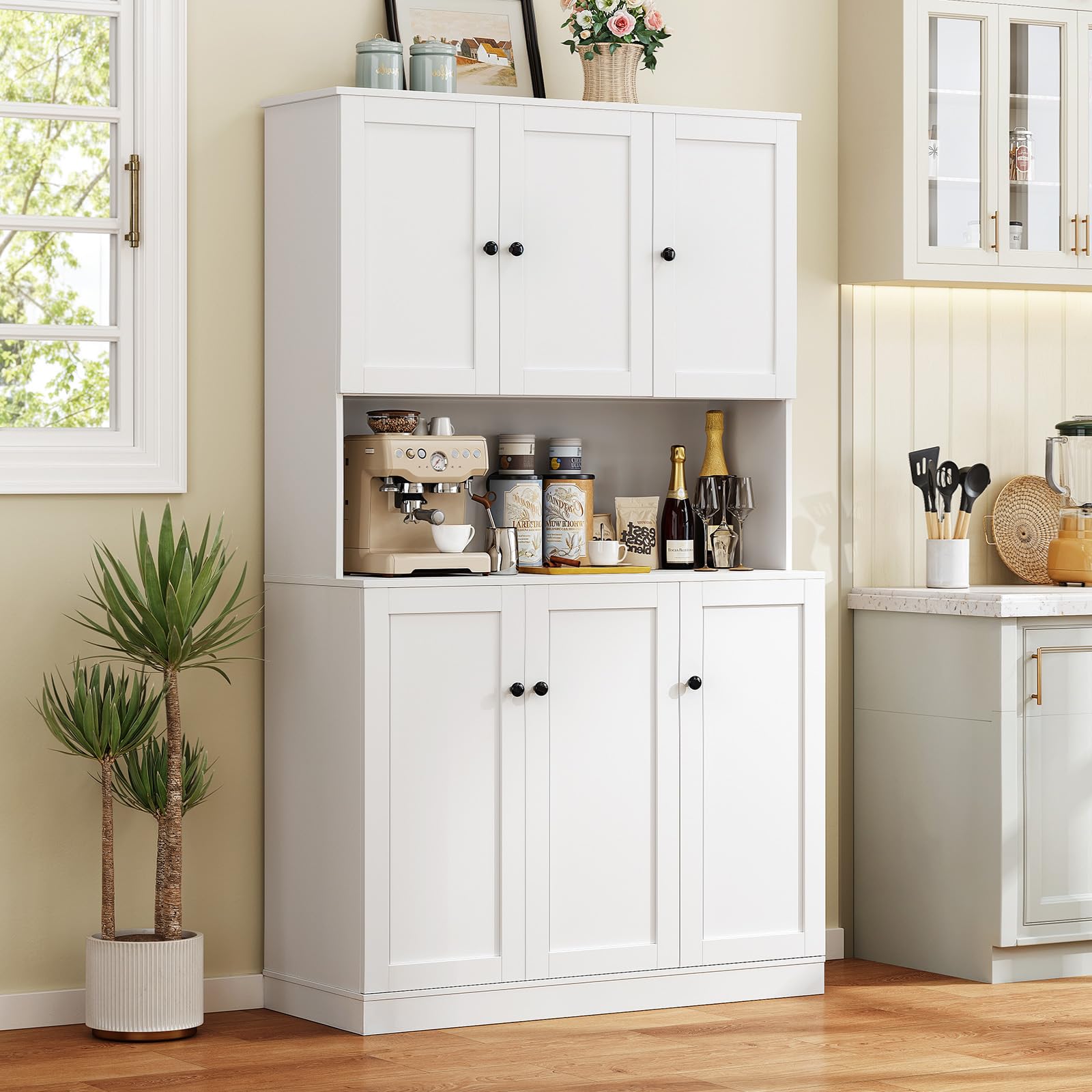 ONBRILL 71" Tall Kitchen Pantry Storage Cabinet with Microwave Stand & Door Shelf, Freestanding Kitchen Hutch with 6 Doors and Adjustable Shelves, Modern Food Pantry for Dining Room, Black