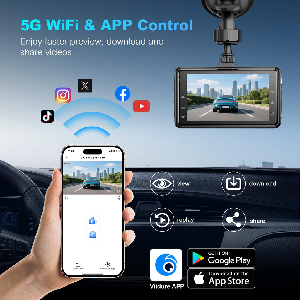 BOOGIIO Dash Cam Front and Rear with 64GB SD Card, 4K Dash Camera for Cars with APP, 5G WiFi Car Camera, Built-in G-Sensor, 170° Wide Angle, Night Vision, 24H Parking Mode,Loop Recording,3" IPS Screen