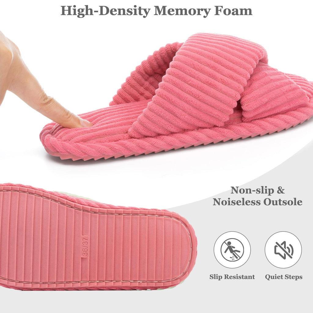 GOEWY Slippers for Women Memory Foam House Bedroom Corduroy Crossbands Open Toe Slides Sandals Shoes Comfy Trendy Gift for womens Anti-Skid sole