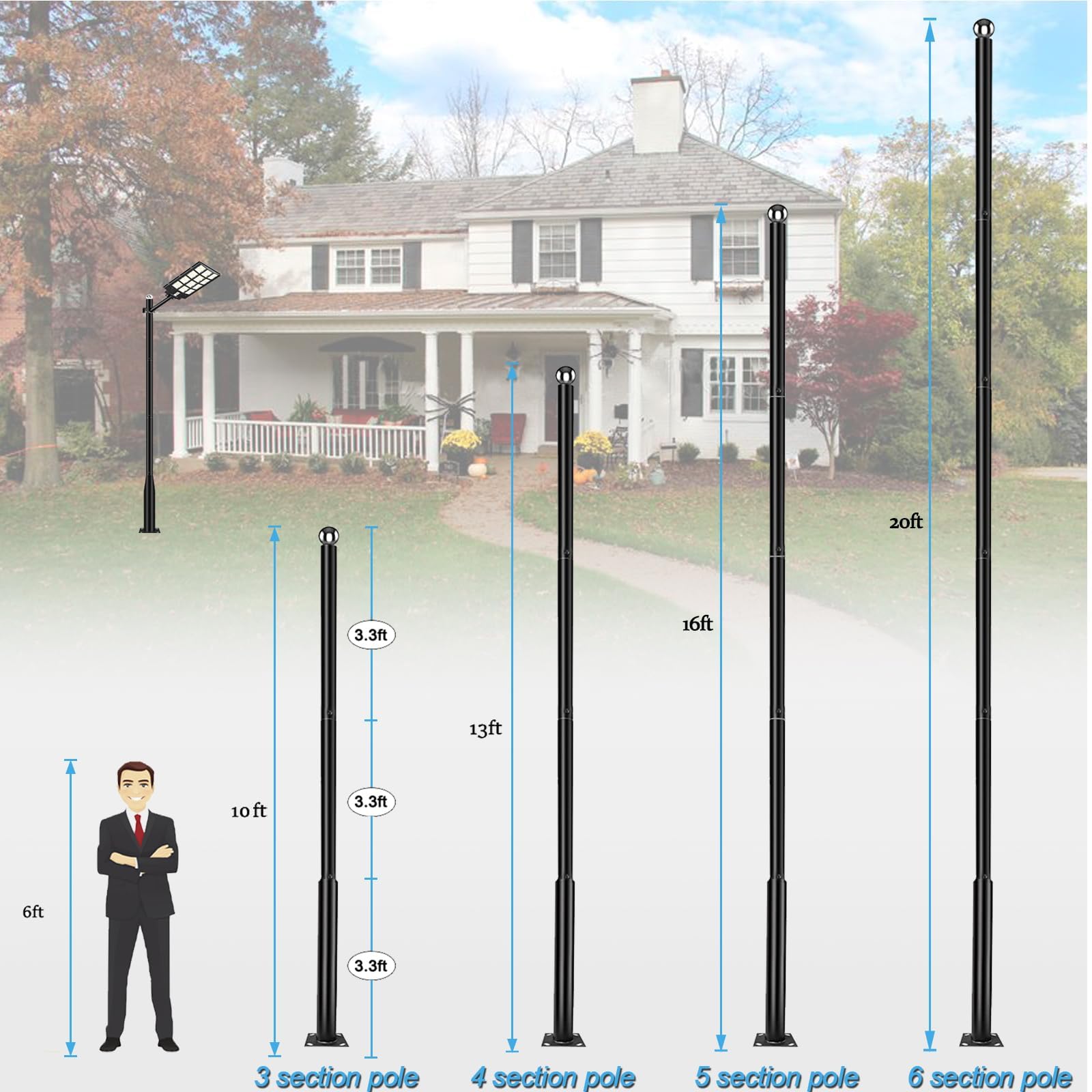 Outdoor Light Pole with Fillable Base, 8ft Cast Iron Lamp Post, 5-Section Heavy Duty Adjustable Pole for Garden, Yard, Pathway & Parking Lot, Portable Sand/Water Box Street Light Stand