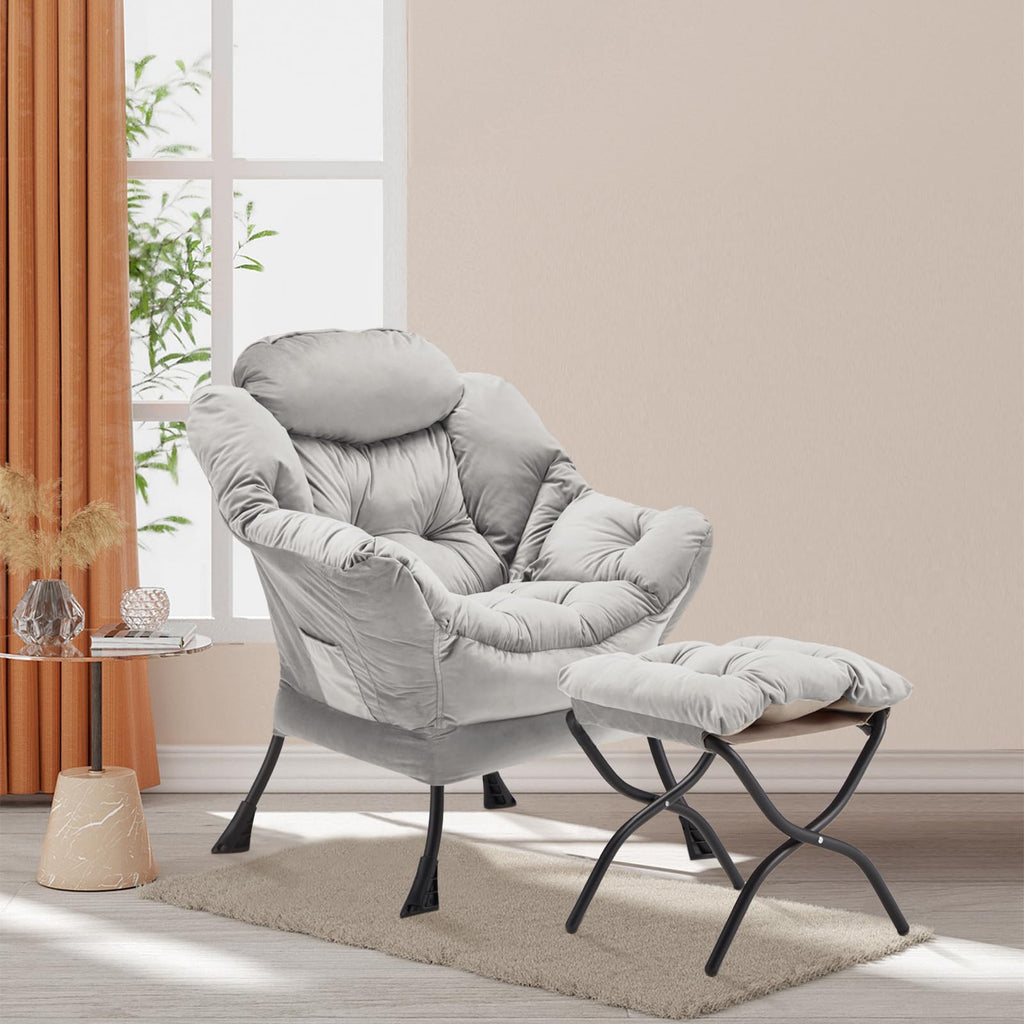 Youtanic Lazy Chair with Folding Ottoman, Accent Chair Velvet Upholstered with Metal Structure and Non-Slip Pads, Sofa Armchair with Footrest and Side Storage Bag for Dorm, Room, Office, Beige