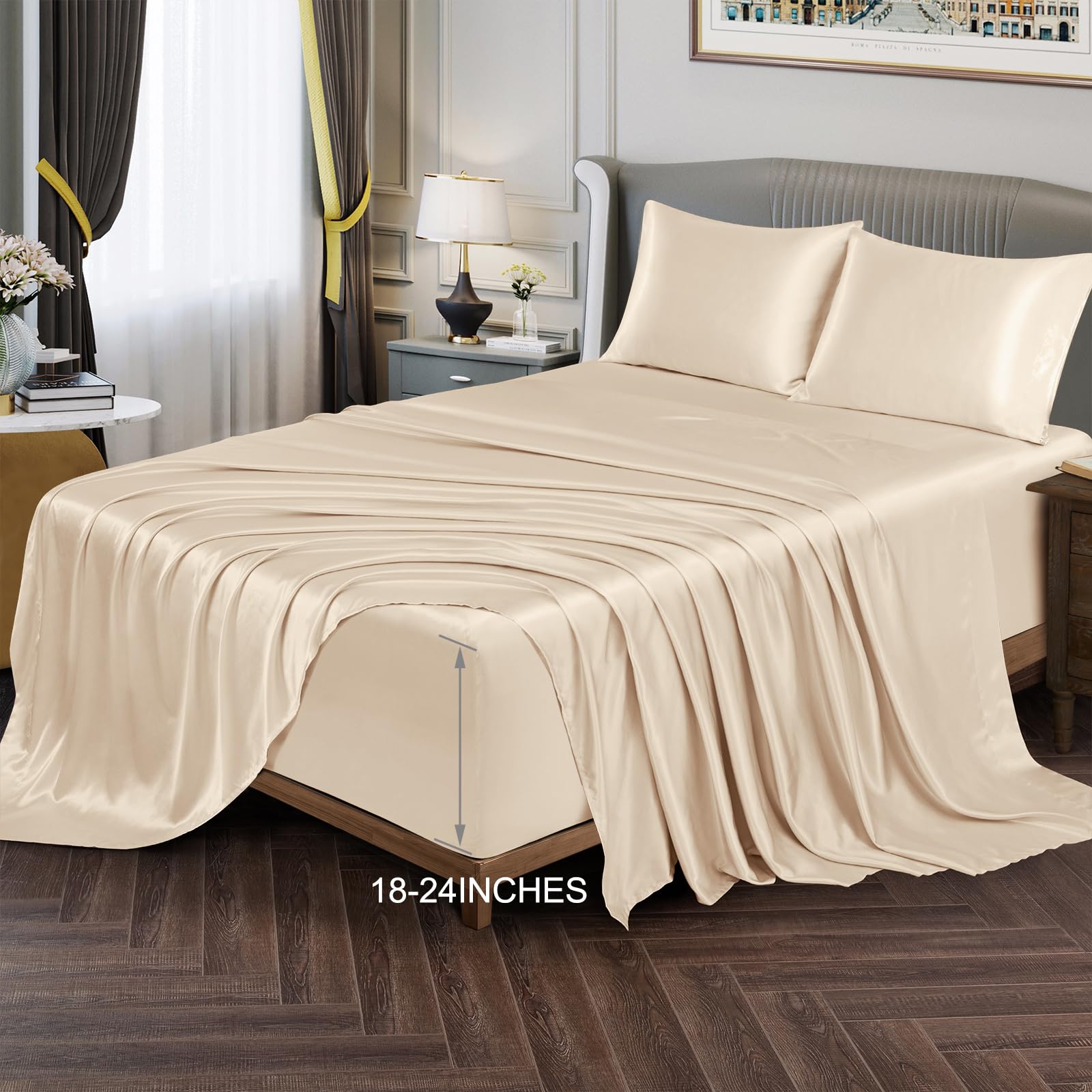 Vonty Extra Deep Pocket Full Sheet Sets - Cooling & Silky Satin Full Size Sheets with 18-24 Inch Deep Pocket, Black Satin Bed Sheets Fit Up to 24" Deep Mattress - 4 Piece Set