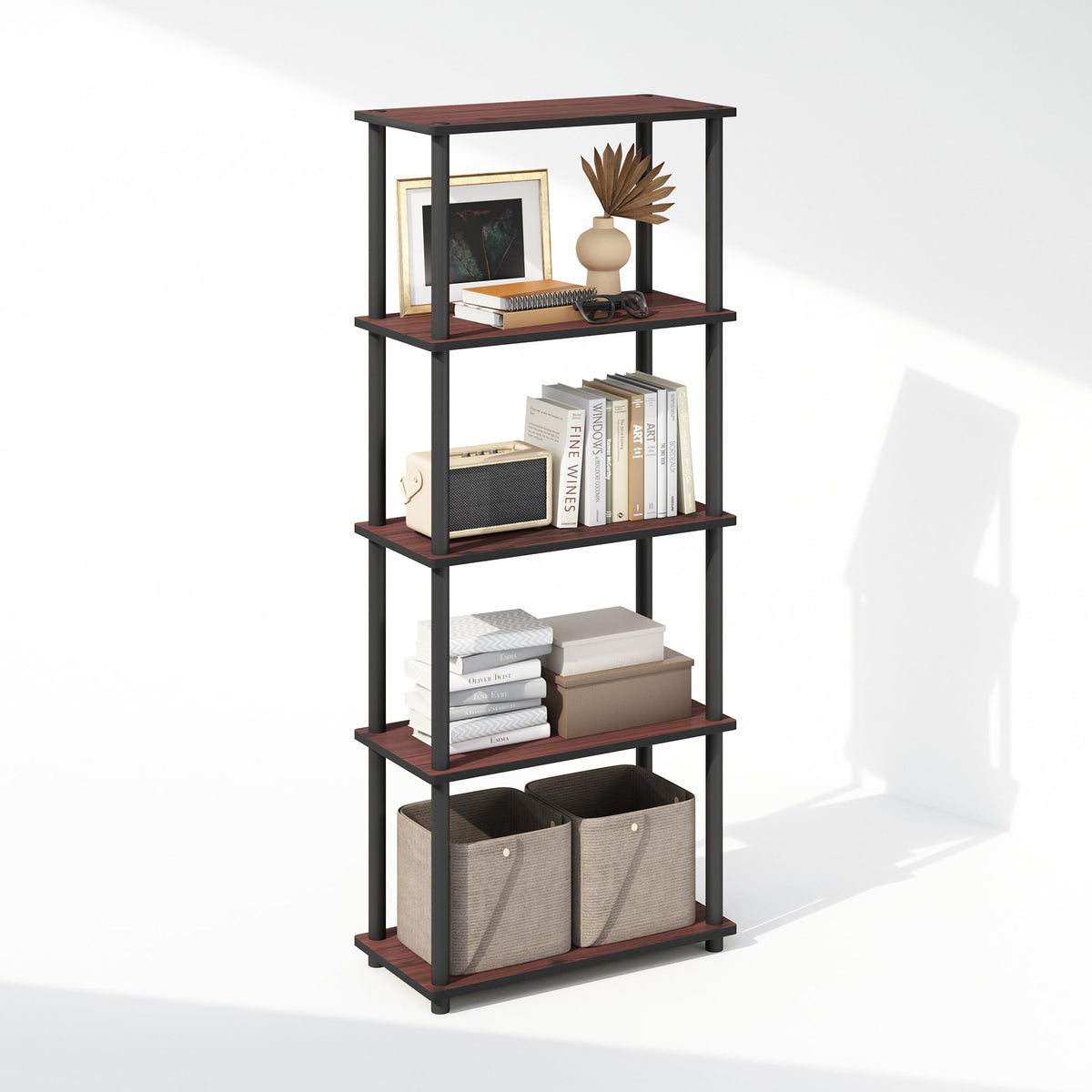 Furinno Turn-N-Tube Book Shelf, 4-Tier Bookshelf, Bookcase with Multipurpose Compact Display Rack, 11.6 x 23.6 x 43.2, for Living Room, Bedroom, Home Office, Americano/Black