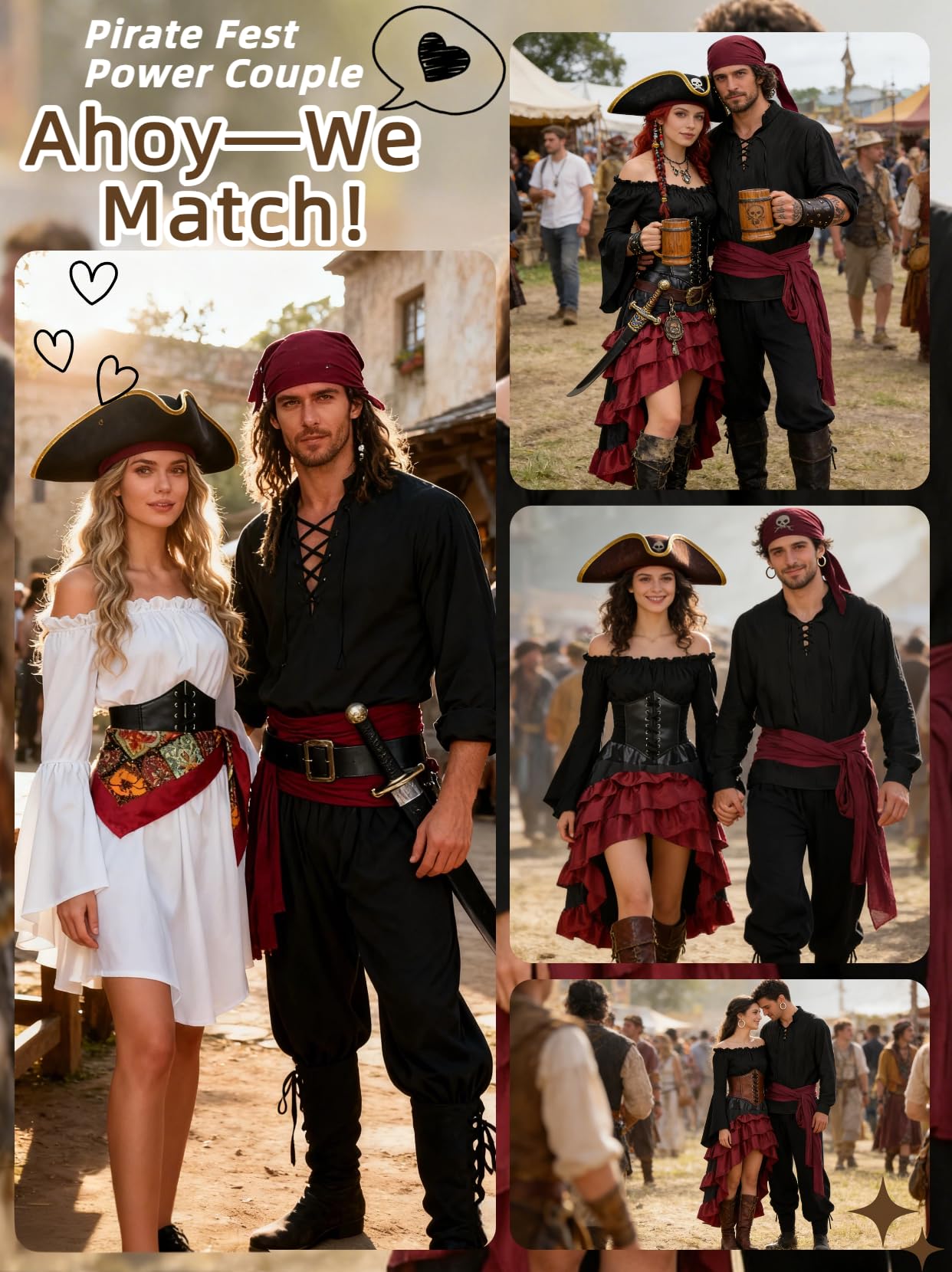 Verceco Mens Pirate Costume Outfit Renaissance Costume Men Medieval Outfit With Pirate Pants Shirts Sash Accessories (Black, Medium)