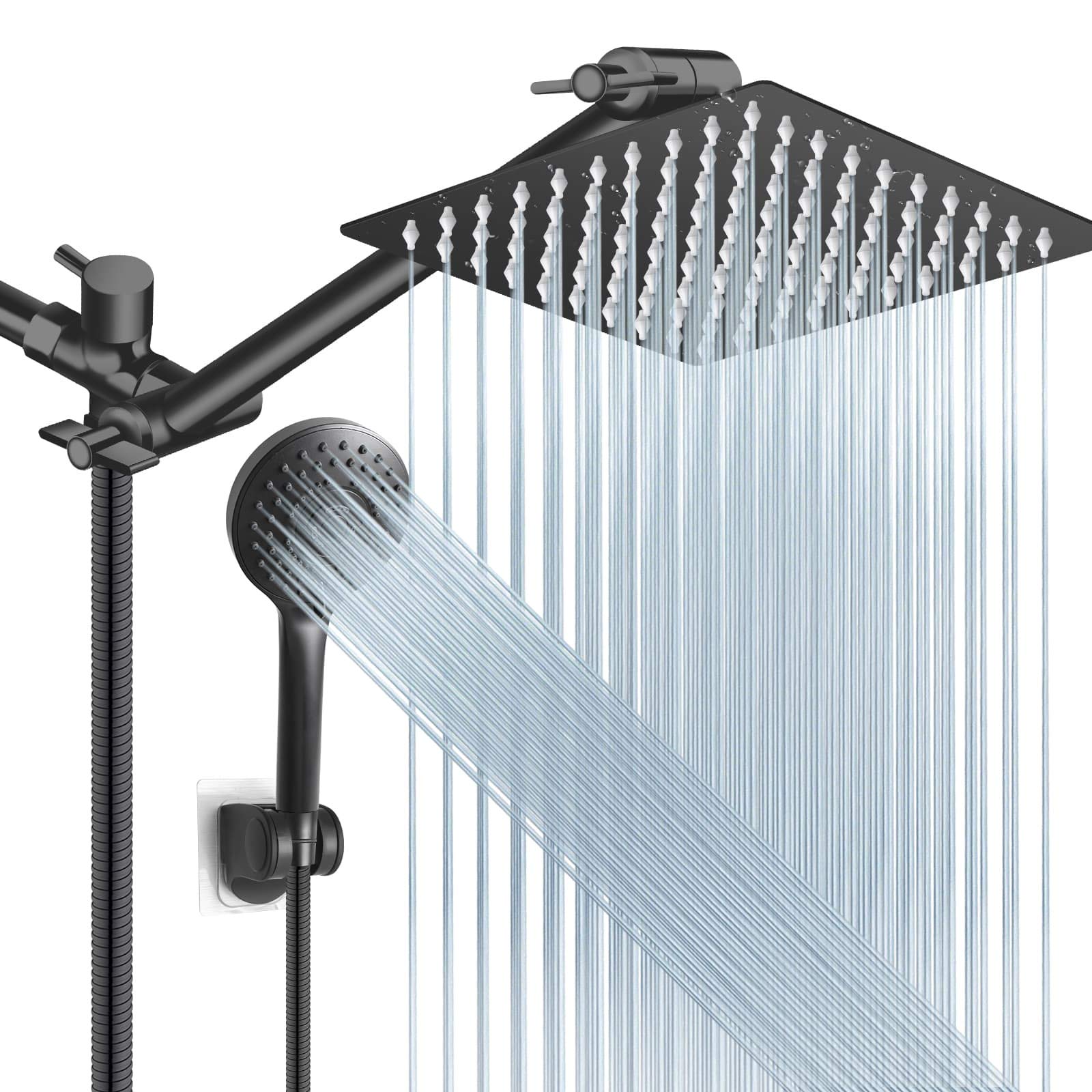 Shower Head Combo(Brushed Nickel),8 Inch High Pressure Rain Shower Head with 11 Inch Adjustable Extension Arm and 5 Settings Handheld Shower Head Combo,Powerful Shower Spray Against Low Pressure Water