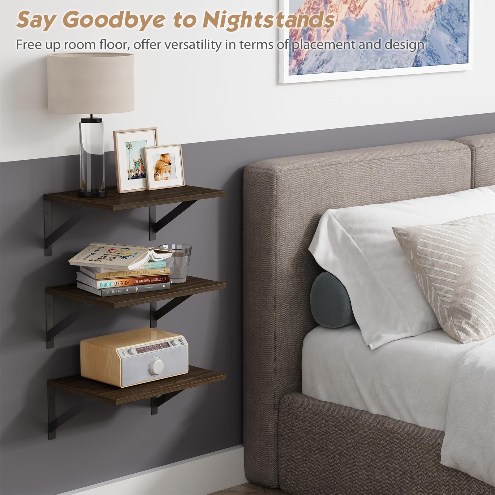 Forbena 12 Inch Deep Floating Shelves for Wall, Wide Black Wall Mounted Shelves for Bedroom Office Books Plants, Large Hanging Shelf for Living Room Bathroom Kitchen Closet Pantry Storage (3-Pack)