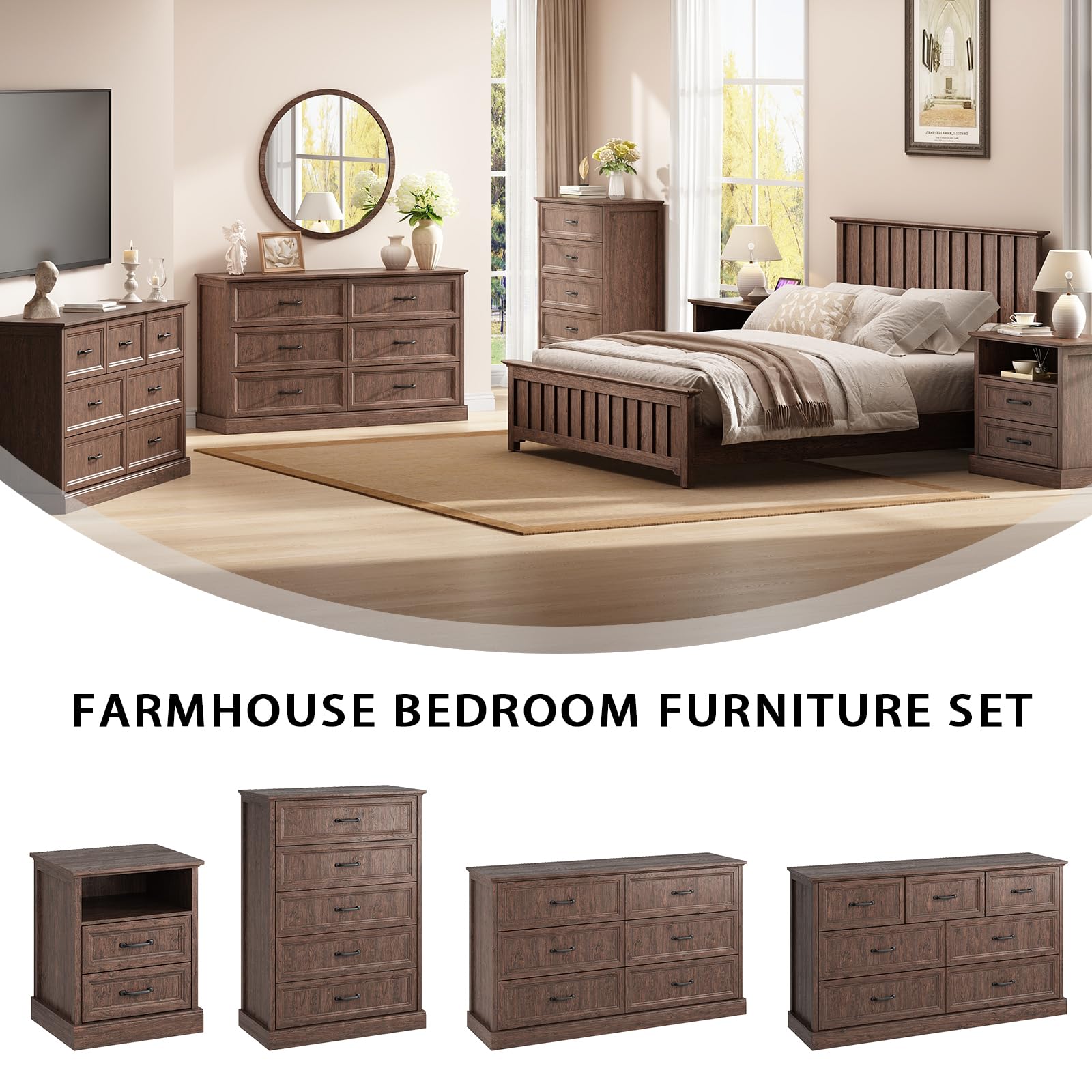 Farmhouse 5 Drawers Dresser for Bedroom, 44" Tall Brown dresser Wood Rustic Chest of Drawers with Wide Metal Handle,Natural Texture,Drawer Organizer for Bedroom,Living Room,Hallway and Entryway