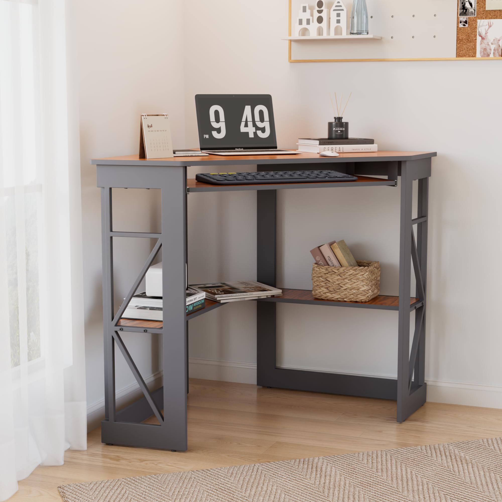 VECELO Corner Desk Computer Desk Writing Table with Smooth Keyboard Tray & Storage Shelves,Compact Home Office Triangle Table,Antique Brown
