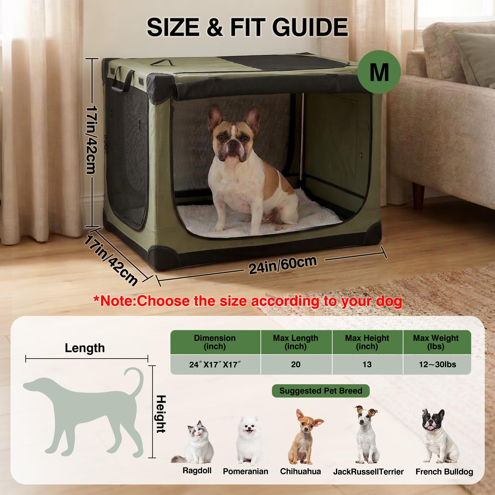 Veraste 24" L x 17" W x 17" H Collapsible Travel Dog Crate, Portable Soft Dog Kennel for Small Medium Pets up to 30 lbs, 4-Door Foldable Travel Crate with Durable Mesh & Storage Bag, Black