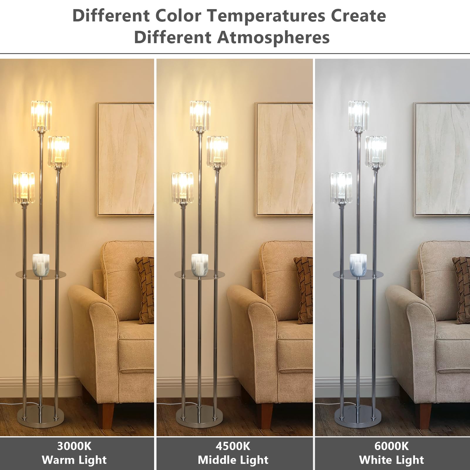 HMVPL Gold Floor Lamps for Living Room, Modern Floor Lamp with Shelves, Crystal Standing Lamps with Table, Brass Tall Lamp with Crystal Shade, On/Off Switch, Mid Century Corner Floor Lamp for Bedroom