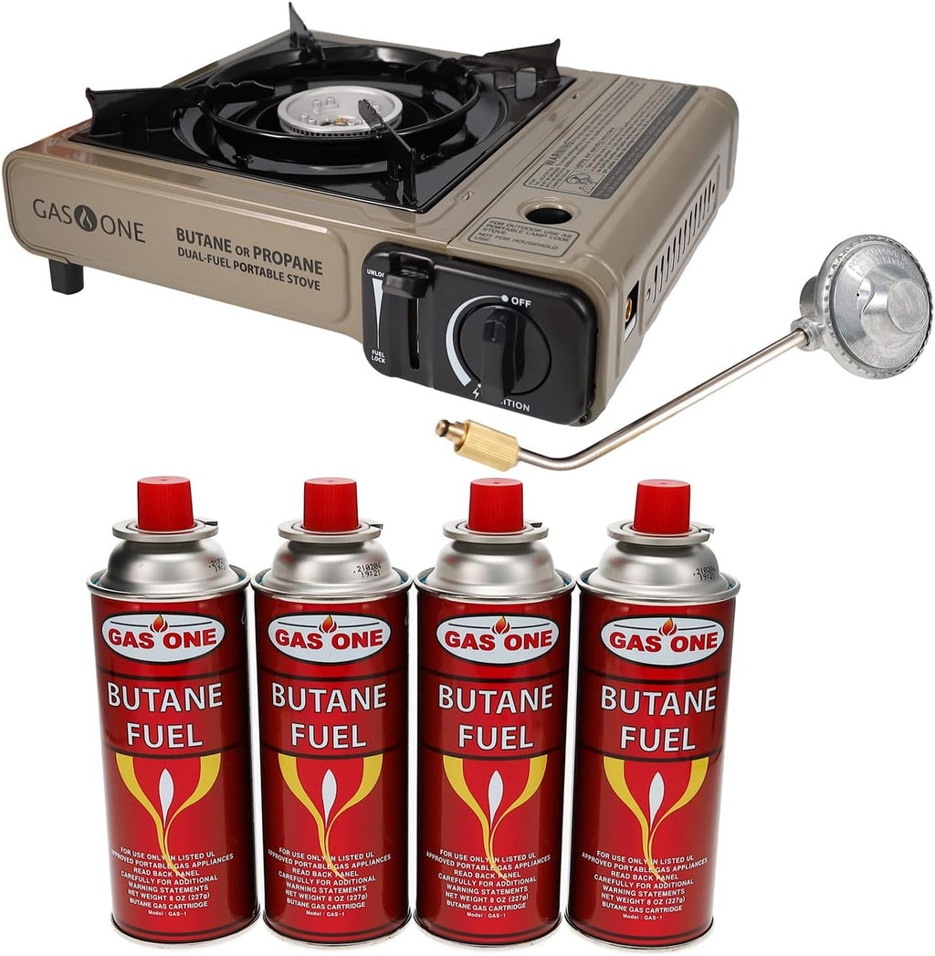 Gas One Propane or Butane Stove GS-3400P Dual Fuel Portable Camping and Backpacking Gas Stove Burner with Carrying Case Great for Emergency Preparedness Kit (Gold) (Stove + 4 Butane Fuel)