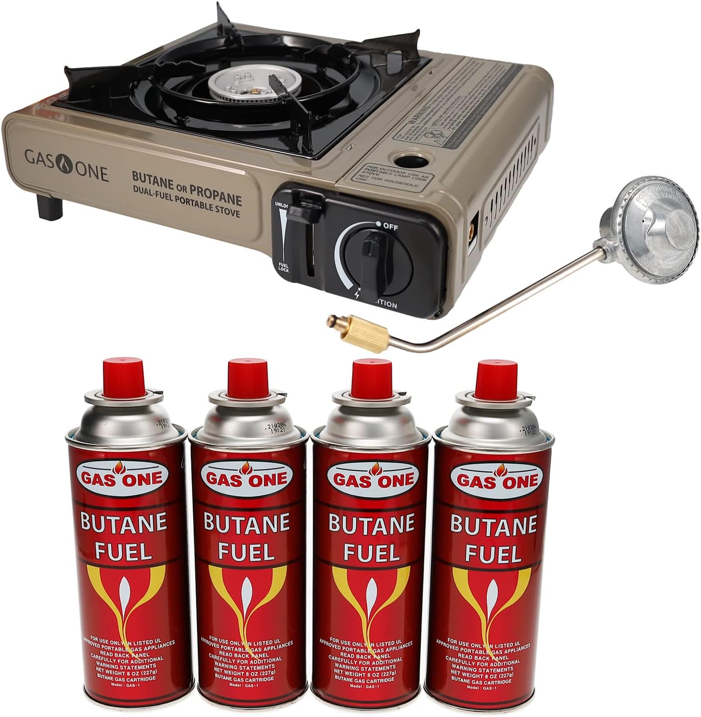 Gas One Propane or Butane Stove GS-3400P Dual Fuel Portable Camping and Backpacking Gas Stove Burner with Carrying Case Great for Emergency Preparedness Kit (Gold) (Stove + 4 Butane Fuel)