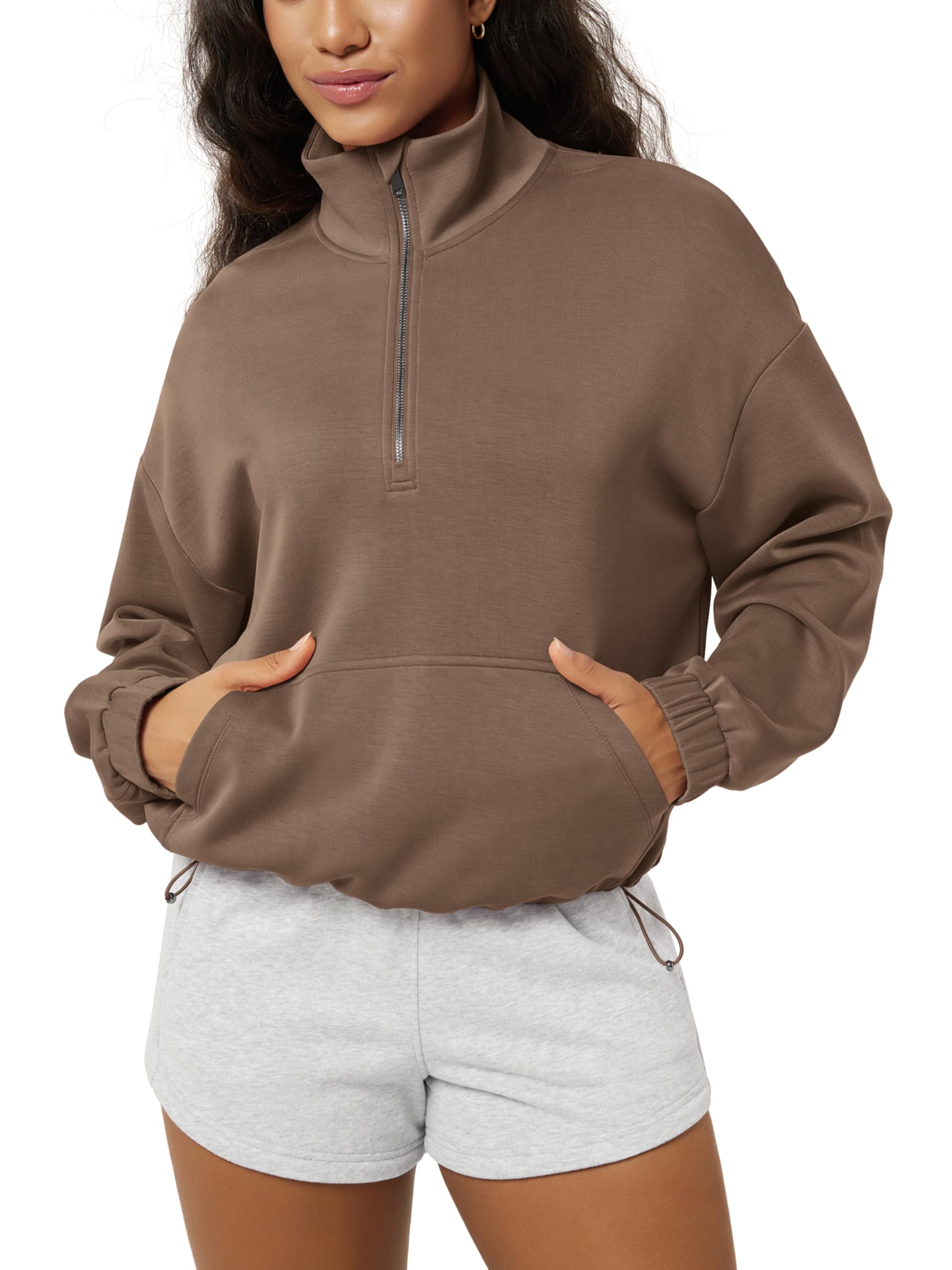 ODODOS Women's Modal Soft Cinchable Sweatshirts Half Zipper Funnel Neck Oversize Pullover with Pockets