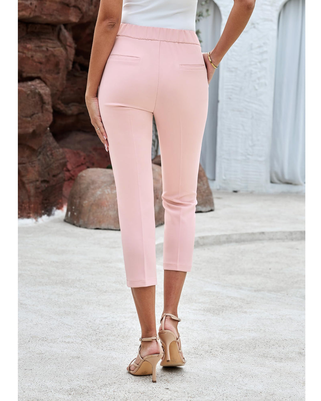 GRAPENT Capri Pants for Women High Waisted Pull On Dress Pants Slim Straight Leg Stretchy Waist Capris Trousers Pants