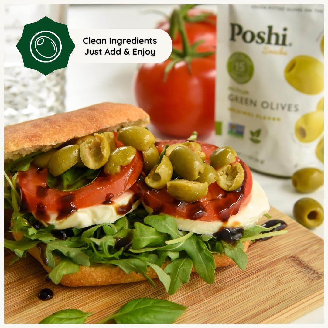 POSHI Green Pitted Olives - Basil & Garlic | Vegan, Kosher, Gluten Free + Keto Friendly, Fresh, Low Calorie Healthy Snacks | (30 Pack, 1.1oz Bags)