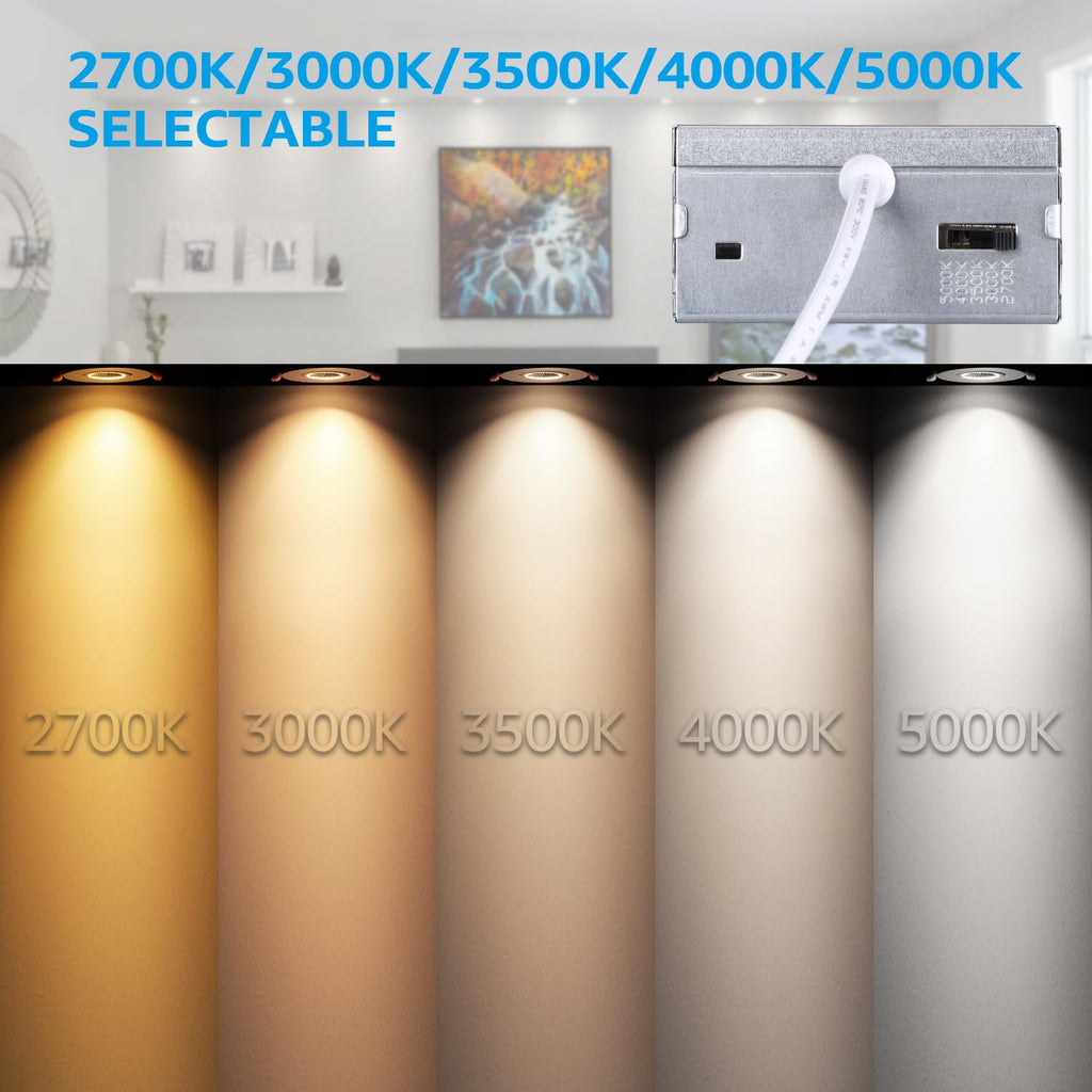 TORCHSTAR 12-Pack 5CCT 3 Inch Gimbal LED Recessed Light, 7W CRI90+ Dimmable Adjustable Eyeball Canless LED Downlight, 2700K/3000K/3500K/4000K/5000K Selectable, Airtight IC, ETL