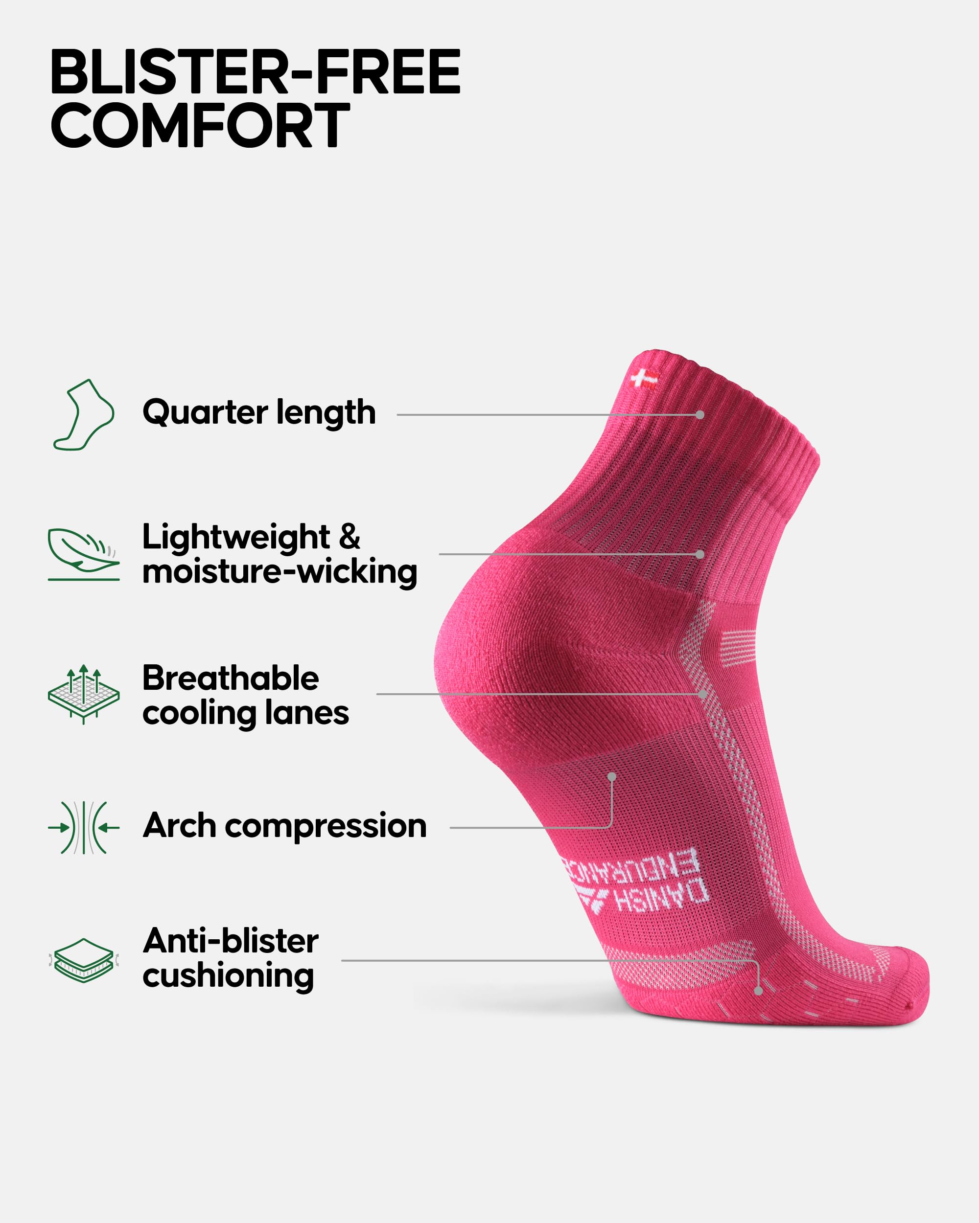 DANISH ENDURANCE Ultra-Comfort Quarter Running Socks, Performance Socks, Men & Women - 3 or 5 Pack