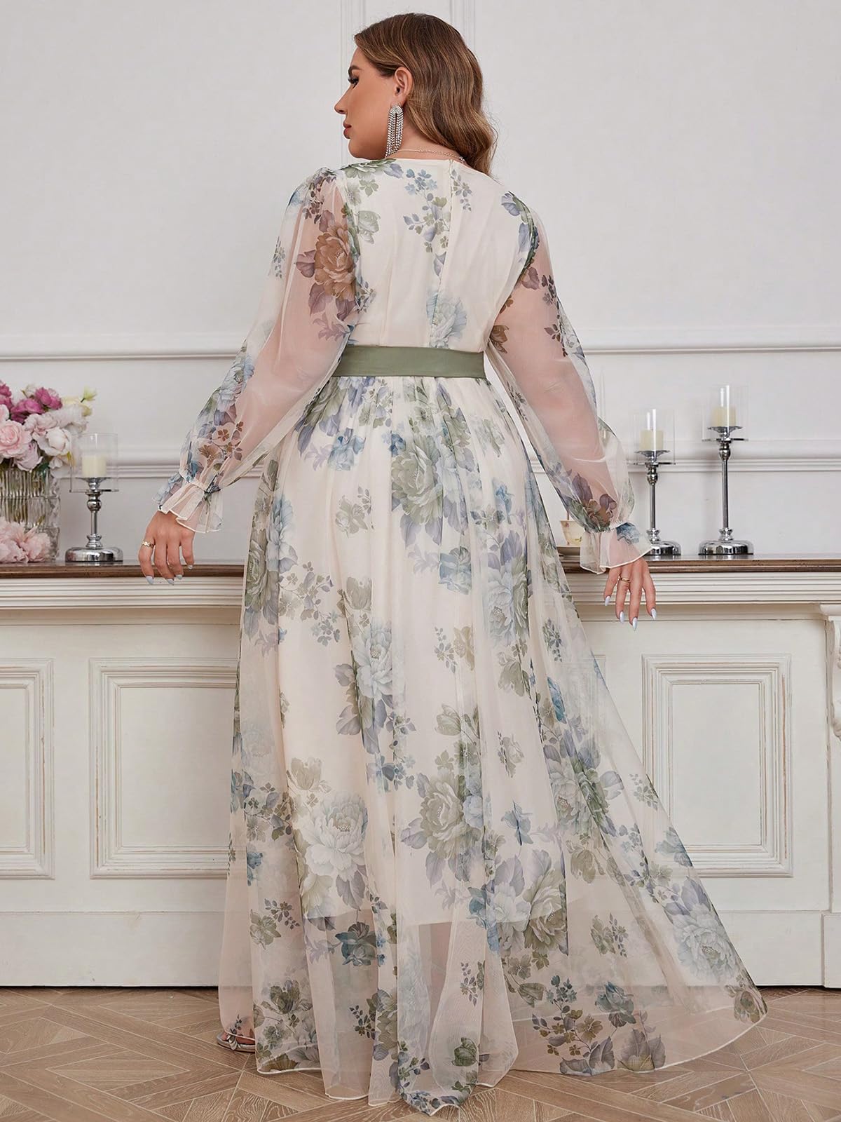 Spring Summer 2024 Plus Size Womens Dresses V Neck Casual Elegant Long Sleeve Floral Print Maxi Dress
