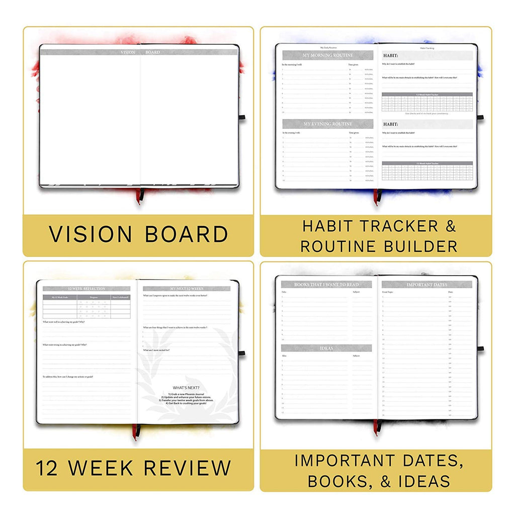 The Phoenix Journal - Quarterly Goal Planner, Daily Planner Journal & Organizer for Goal Setting, Productivity & Focus - Undated 12 Week Planner, Weekly & Monthly Planning, Habit Tracking - Hardcover - Black